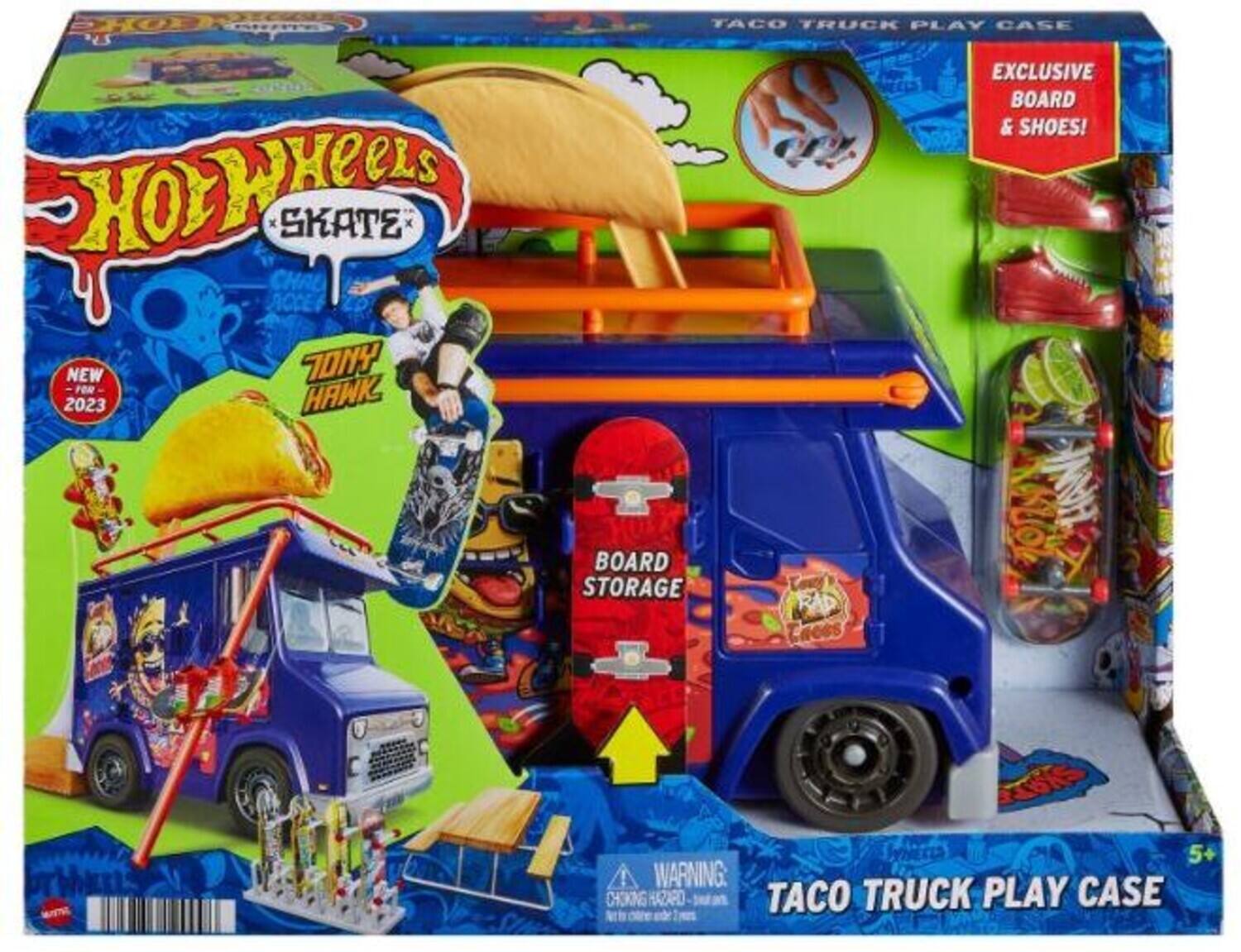 Hot Wheels x Skatez, New 2023, Tony Hawk, Taco Truck Play Case, Exclusive Board & Shoes!, Board Storage, Case, 5+, Warning: Choking Hazard, Taco Truck Play Case