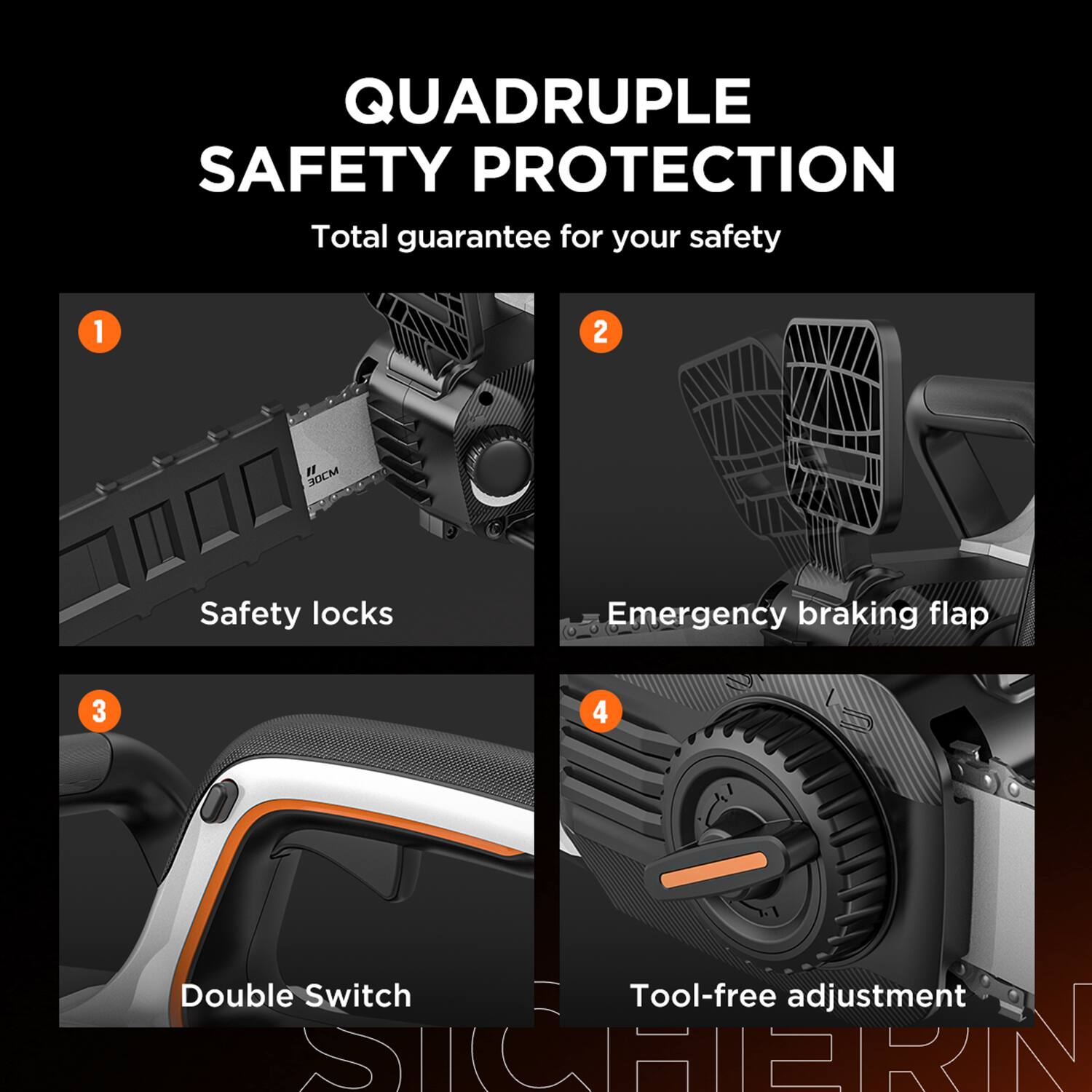 QUADRUPLE SAFETY PROTECTION Total guarantee for your safety
1. Safety locks
2. Emergency braking flap
3. Double Switch
4. Tool-free adjustment
SICHERN