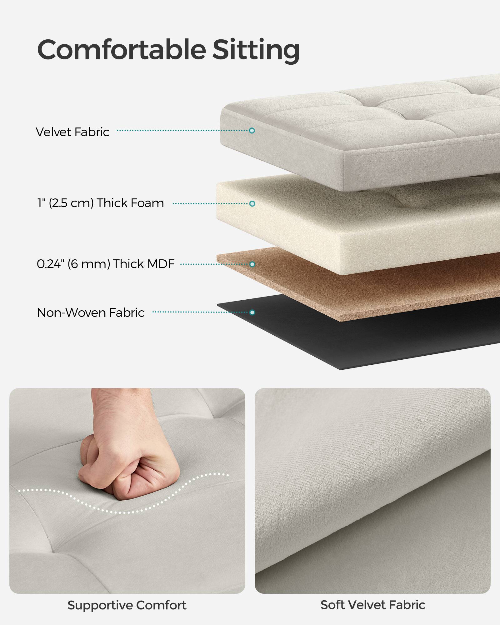 Comfortable Sitting

Velvet Fabric

1" (2.5 cm) Thick Foam

0.24" (6 mm) Thick MDF

Non-Woven Fabric

Supportive Comfort

Soft Velvet Fabric