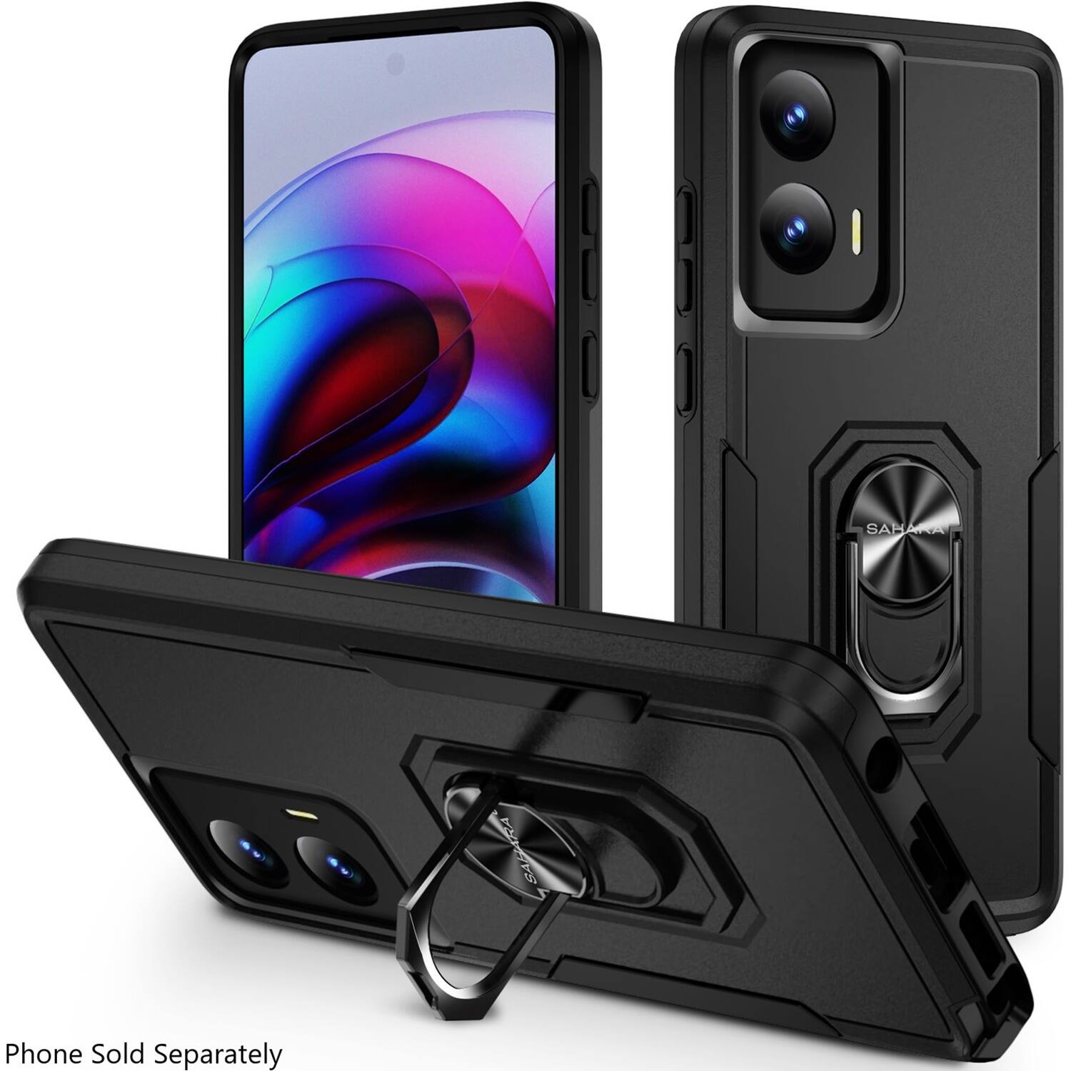 The image shows a phone case and a phone stand, with the phone case being black and the phone stand being black and clear. The phone stand has a clip to hold the phone securely in place. The phone itself is not visible in the image, but it is described as having a blue and purple color scheme.