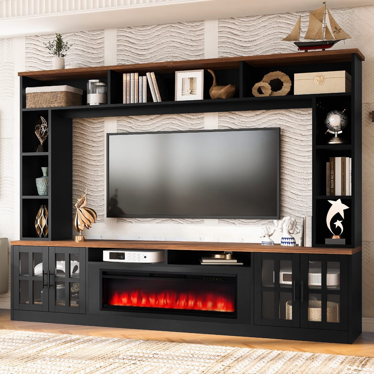 Loheer - 95.5 Inch Wall Unit Entertainment Center with Electric Fireplace, TV Stand for 80 Inch TV, Black and Brown - Black/Brown