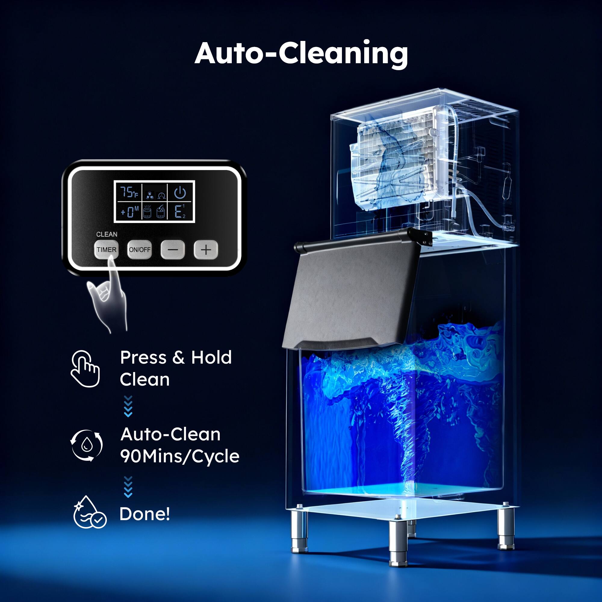 Auto-Cleaning

Press & Hold Clean

Auto-Clean 90Mins/Cycle

Done!