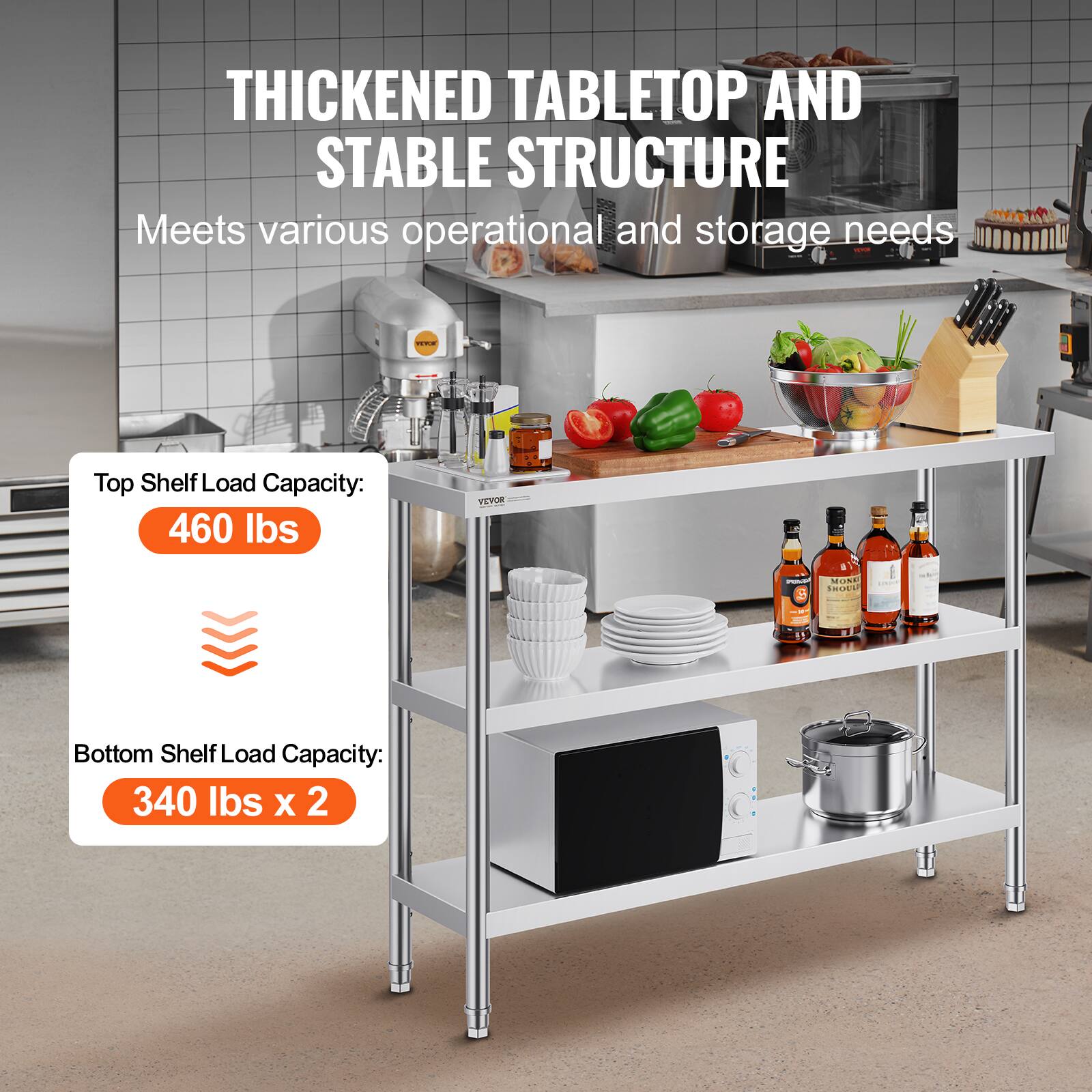 THICKENED TABLETOP AND STABLE STRUCTURE Meets various operational and storage needs
Top Shelf Load Capacity: 460 lbs
Bottom Shelf Load Capacity: 340 lbs x 2
