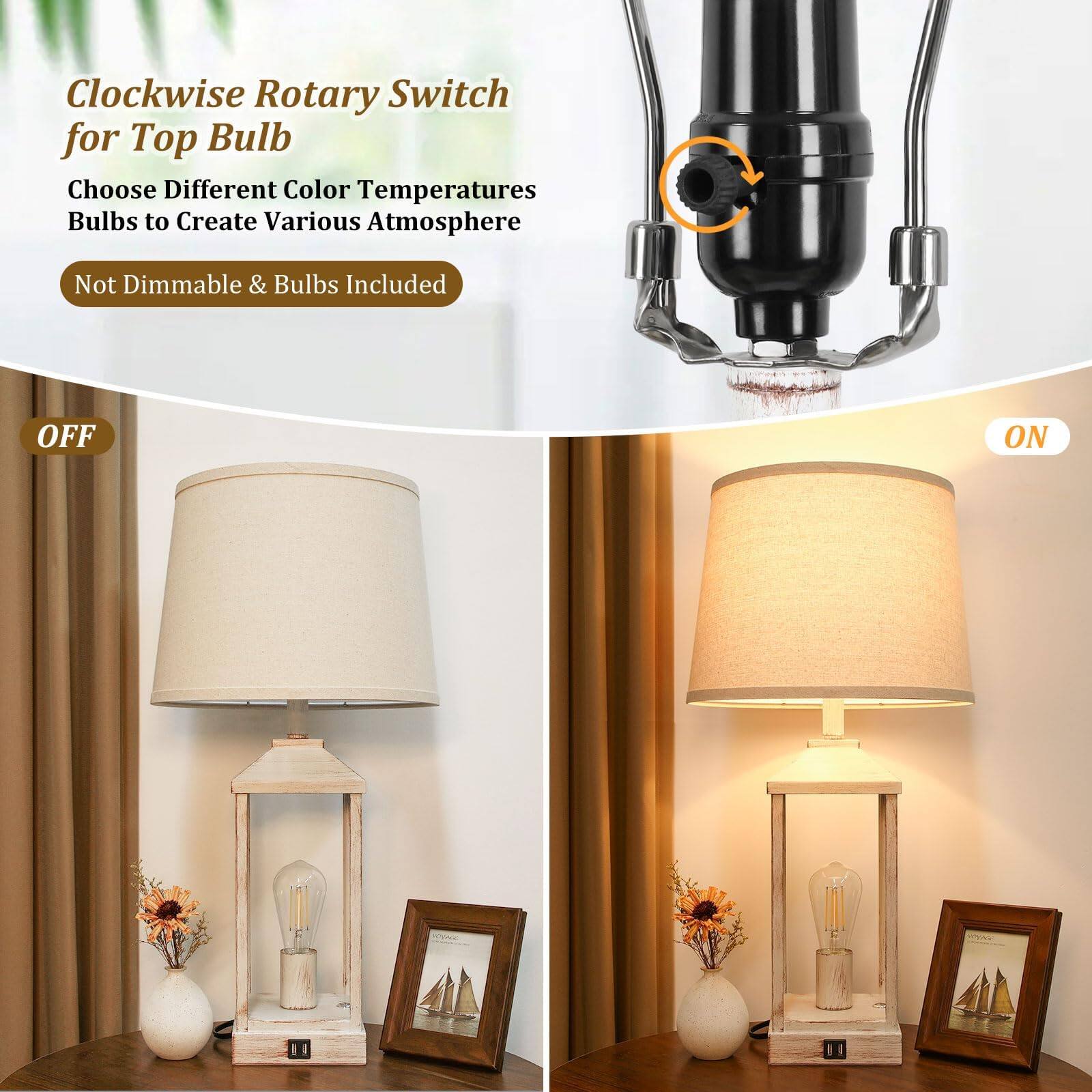 Clockwise Rotary Switch for Top Bulb  
Choose Different Color Temperatures Bulbs to Create Various Atmosphere  
Not Dimmable & Bulbs Included  

OFF  
ON