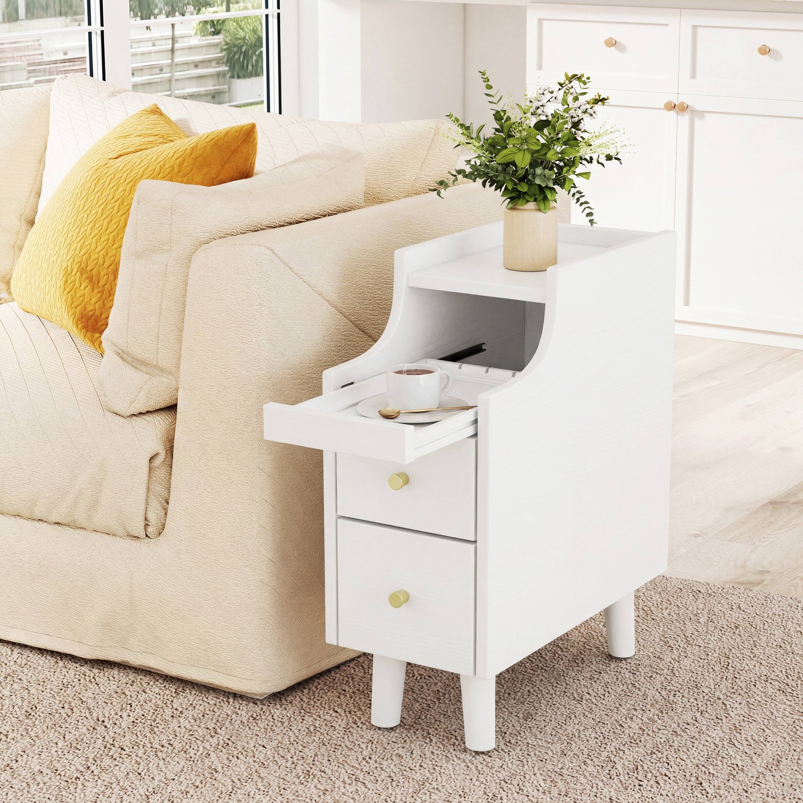 Alt View 1. Gymax - Gymax 2PCS Narrow Nightstand Solid Wood End Table w/Pull-out Tray & 2 Storage Drawers Antique White - White.