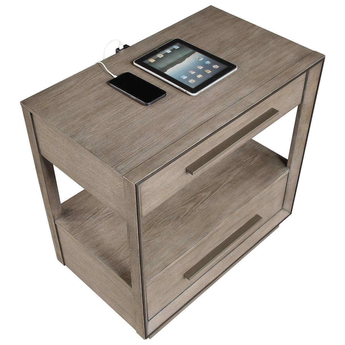 Alt View 7. Loheer - Loheer Taupe Oak Two Drawer Nightstand with Open Shelf, 30 Inch Wide - Taupe Oak.