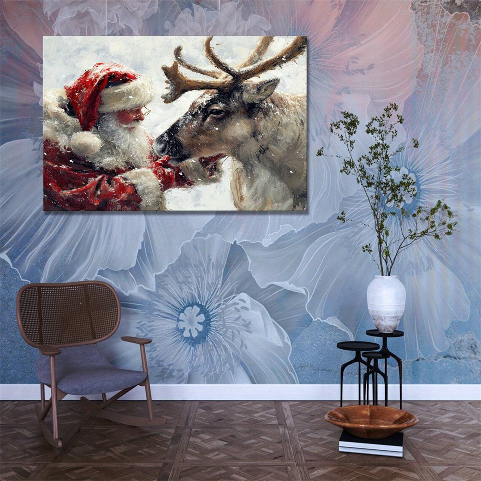 Alt View 1. blue - 1pc Wood Frame Santa Petting Reindeer Poster Canvas Painting Wall Art Modern Home Bedroom Office Aesthetic Decor - Stre - Color:12*18inch.