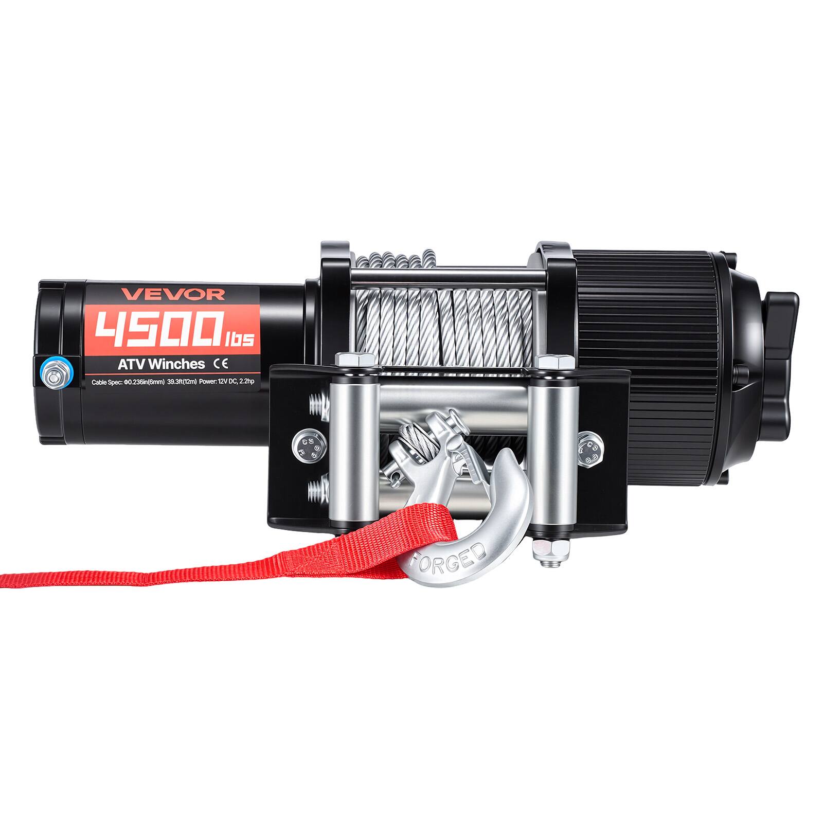 VEVOR 4500 lbs ATV Winches CE Calas Spec  
Cable Space: 60.23in (153mm)  
Power: 12V DC, 2.2hp  
Forged