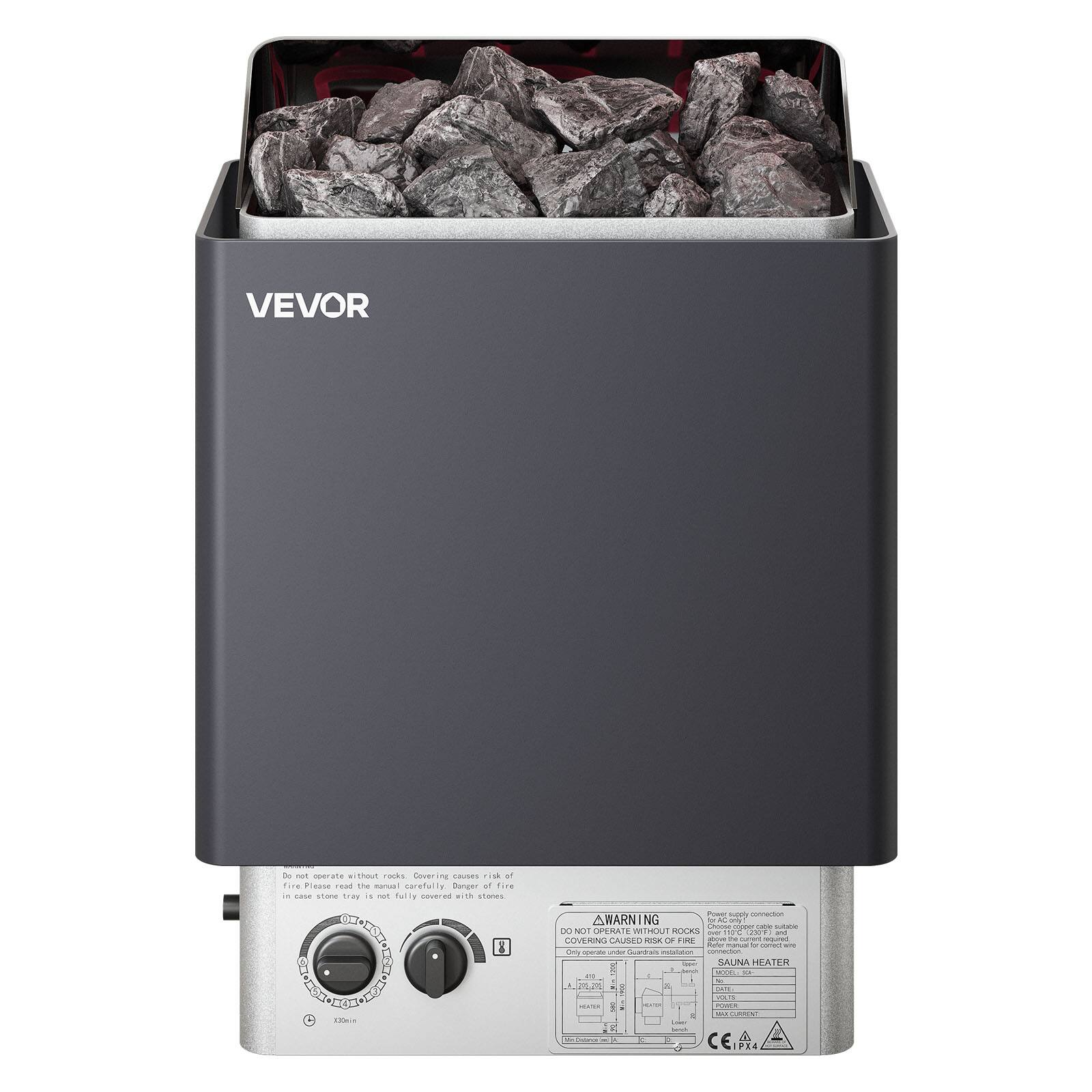 VEVOR

Do not operate without rocks. Covering causes risk of fire. Please read the manual carefully. Danger of fire in case stone tray is not fully covered with stones.

COM

Power supply connection: A WARNING or AC only! Chocolate coport cable autable DO NOT OPERATE WITHOUT ROCKS over MFC (230F) and COVERING CAUSED RISK OF FIRE about be current required. Manual o conect w're Only operate under PRODUCTION connection.

Sports SAUNA HEATER DI -299, Ampa MARTE - No DATE: - I COLORIA agedon 2018.00 - 22 peauly memanos - . CE A &