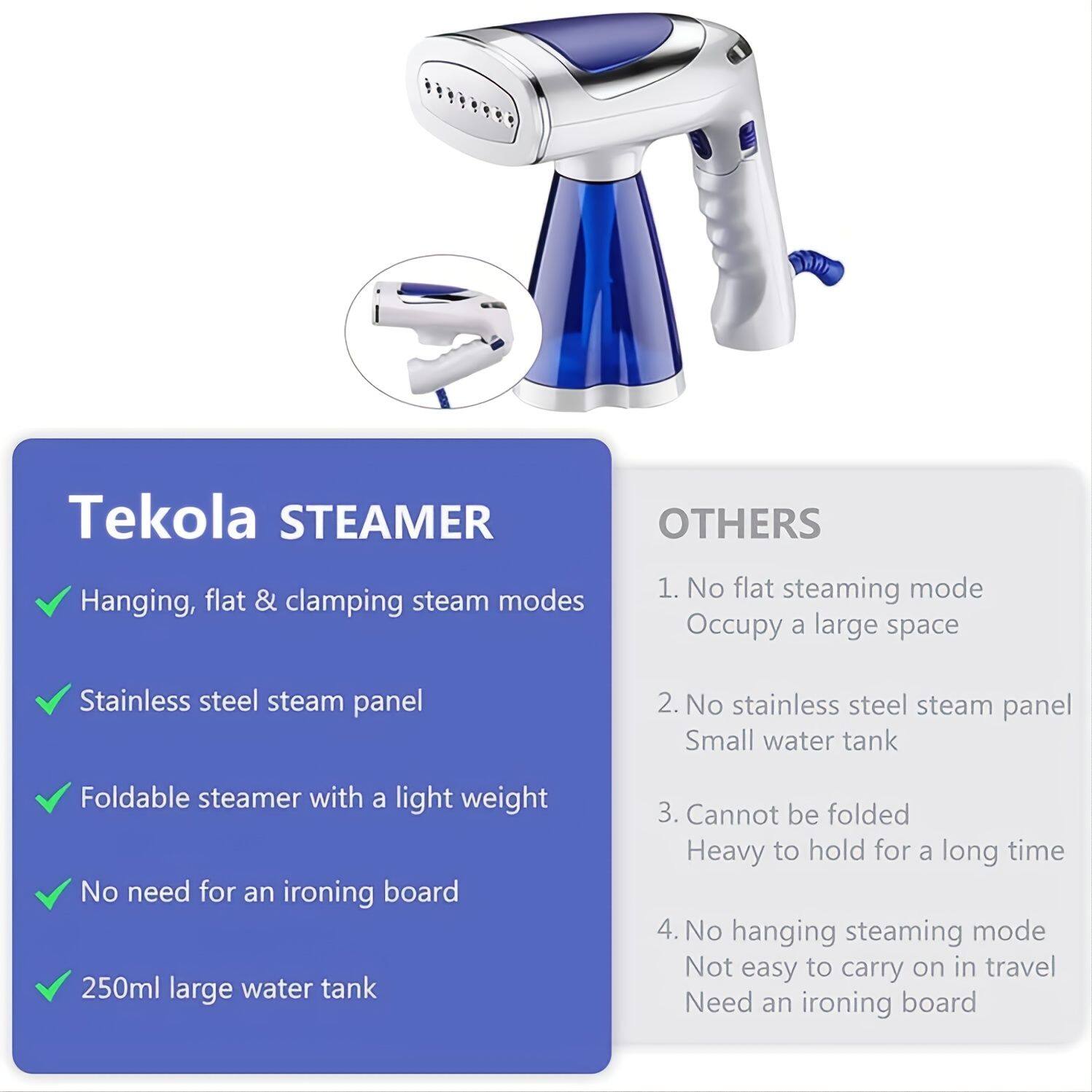 Tekola STEAMER

- Hanging, flat & clamping steam modes
- Stainless steel steam panel
- Foldable steamer with a light weight
- No need for an ironing board
- 250ml large water tank

OTHERS

1. No flat steaming mode
   - Occupy a large space

2. No stainless steel steam panel
   - Small water tank

3. Cannot be folded
   - Heavy to hold for a long time

4. No hanging steaming mode
   - Not easy to carry on in travel
   - Need an ironing board