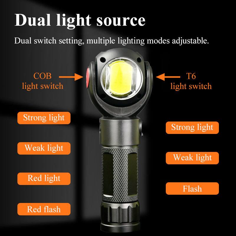 Dual light source  
Dual switch setting, multiple lighting modes adjustable.  

COB light switch  
- Strong light  
- Weak light  
- Red light  
- Red flash  

T6 light switch  
- Strong light  
- Weak light  
- Flash