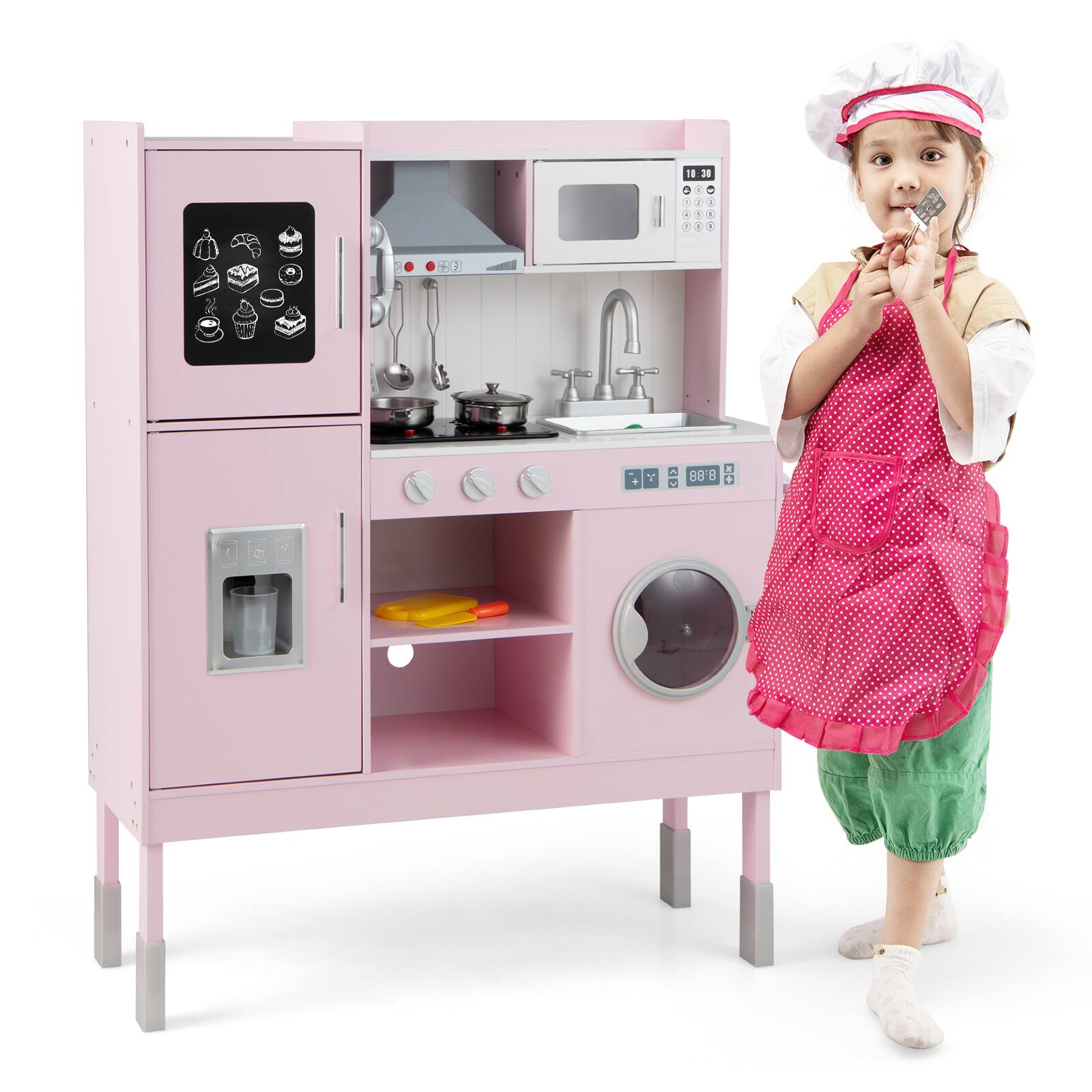 Back. SlickBlue - Kids Pretend Play Kitchen Set with 16-Piece Accessories for Fun Role Play - Pink.