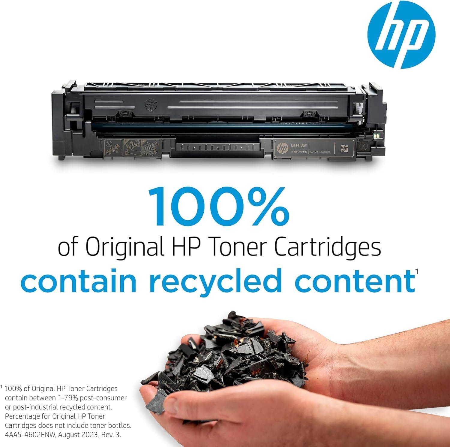 100% of Original HP Toner Cartridges contain recycled content

100% of Original HP Toner Cartridges contain between 1-79% post-consumer or post-industrial recycled content. Percentage for Original HP Toner Cartridges does not include toner bottles.

4AA5-4602ENW. August 2023, Rev. 3.