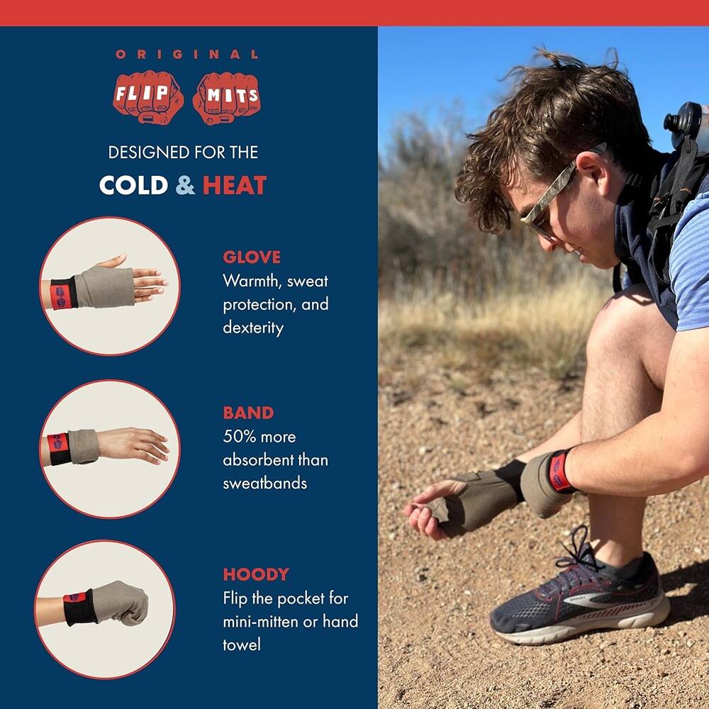 **ORIGINAL FLIP MITS**

**DESIGNED FOR THE COLD & HEAT**

- **GLOVE**  
  Warmth, sweat protection, and dexterity

- **BAND**  
  50% more absorbent than sweatbands

- **HOODY**  
  Flip the pocket for mini-mitten or hand towel
