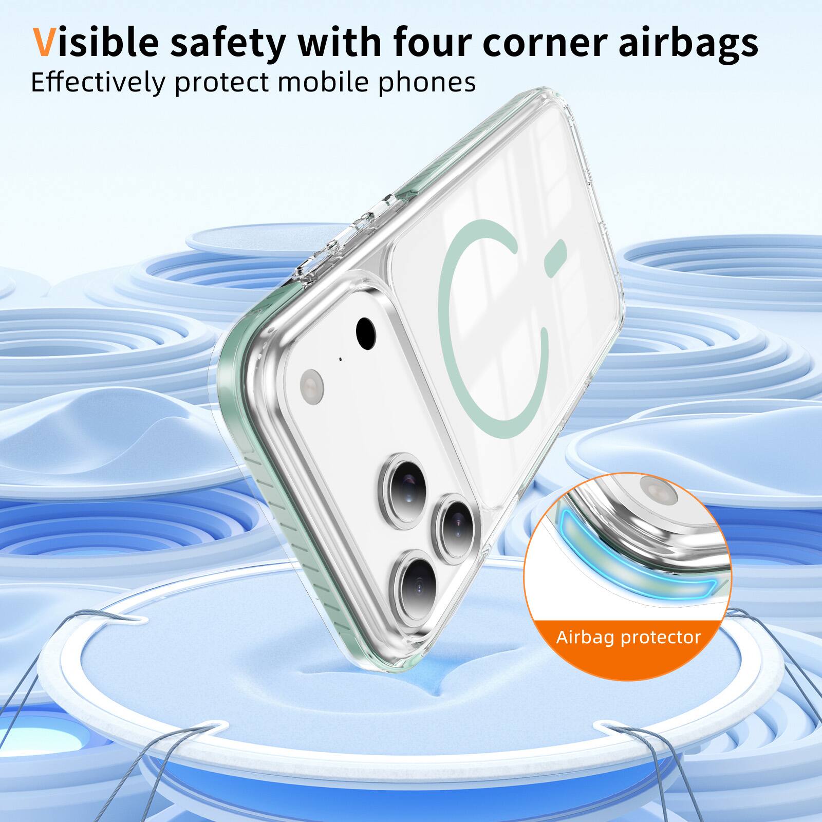 Visible safety with four corner airbags  
Effectively protect mobile phones  

Airbag protector