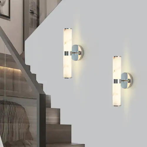 Alt View 2. LUCKY ONE - Resin Imitation Marble Wall Sconce Set of 2, Chrome Frame Vertical Light for Bathroom Hallway - Chrome.