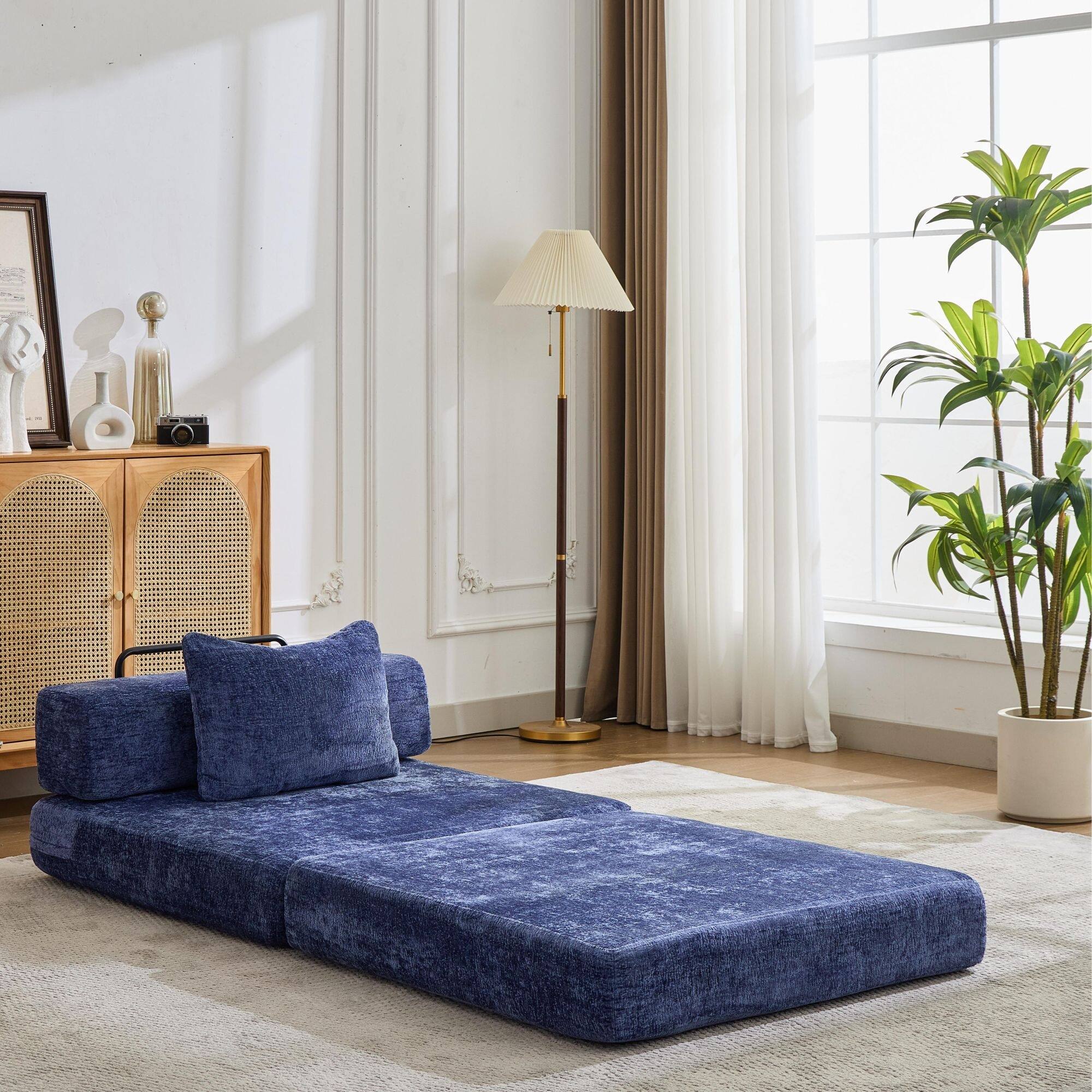 Left. Boyel Living - Convertible Chenille Floor Lounge Chair and Sleeper - Dark Blue.
