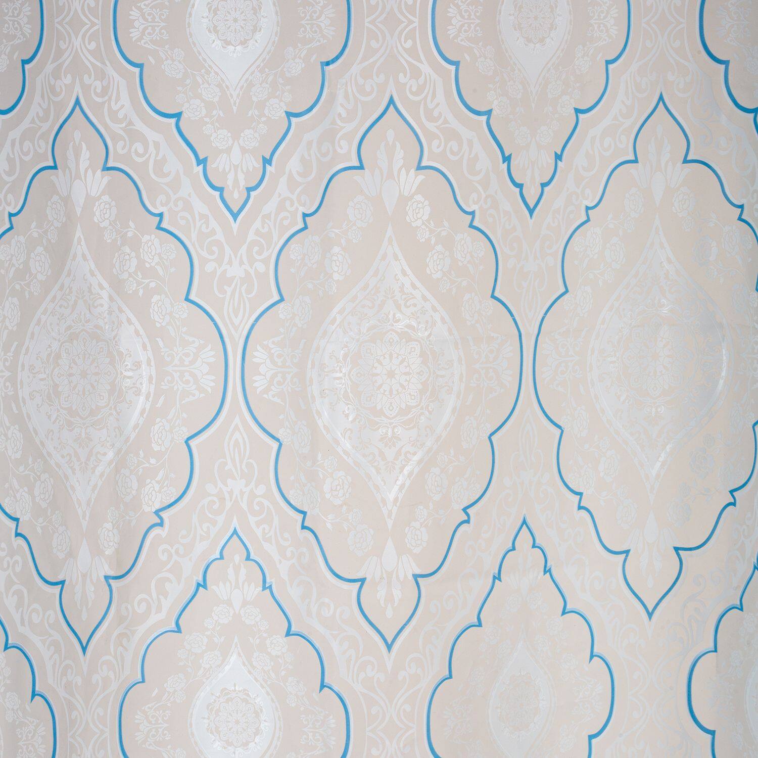 Left. Kate Aurora - Kate Aurora Blue, White & Frosted Clear Moroccan Medallion Peva Vinyl Eco Friendly Shower Curtain - Standard Size - Clear.