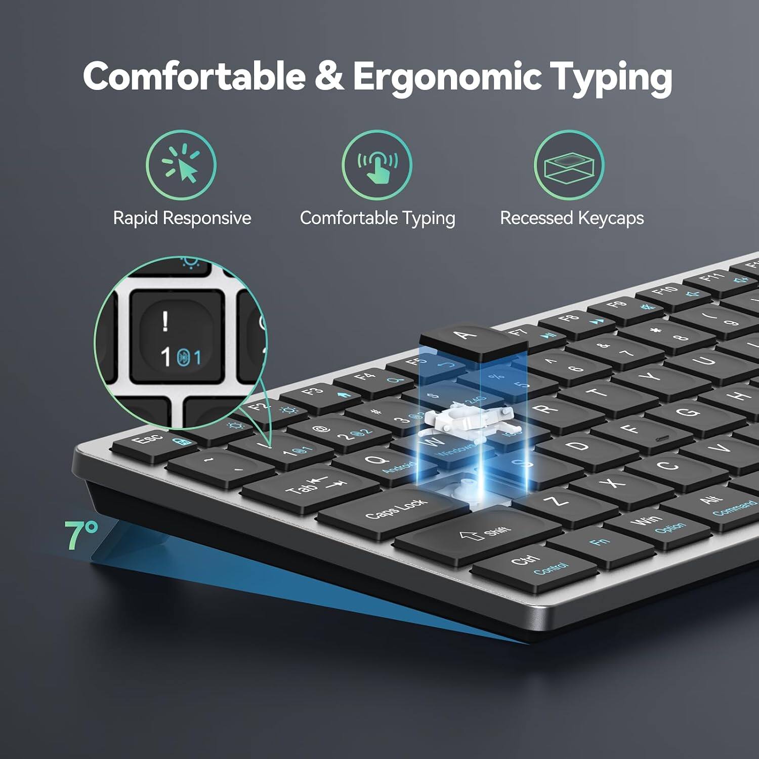 Comfortable & Ergonomic Typing  
Rapid Responsive Comfortable Typing  
Recessed Keycaps  

7°  

1 0 1 Esc SP ~  
F1 F11 F10 F9 F8 F7 F6 F5 F4 F3 F2 F1  
! 1 2 3 4 5 6 7 8 9 0  
Q W E R T Y U I O P  
A S D F G H J K L  
Z X C V B N M