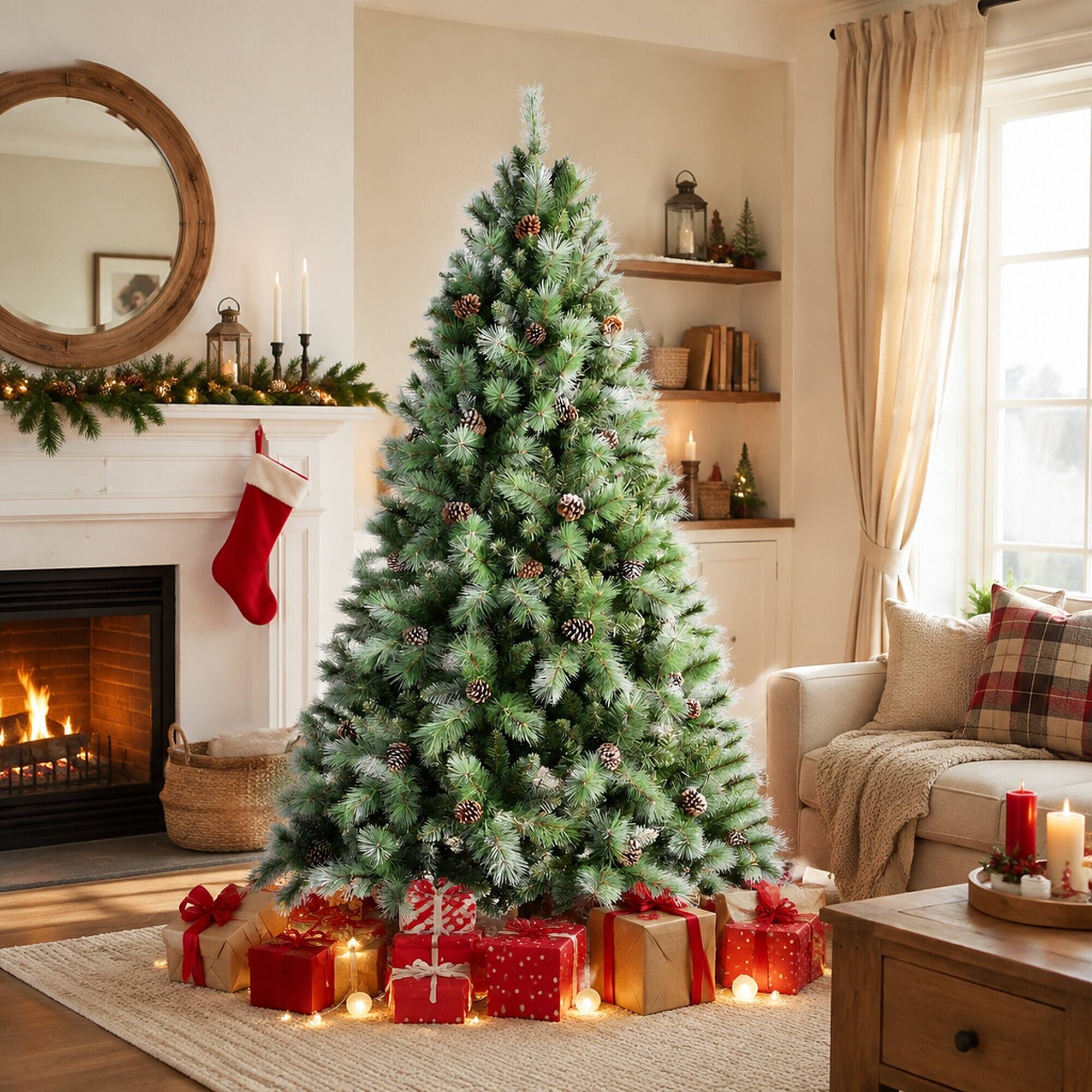 Angle. RYHNUYNE - 7FT Christmas Tree With 82 Pine Cones, 1348 Mixed PVC Hard Needle Branches Hinged Structure Sturdy Metal Stand - Green.