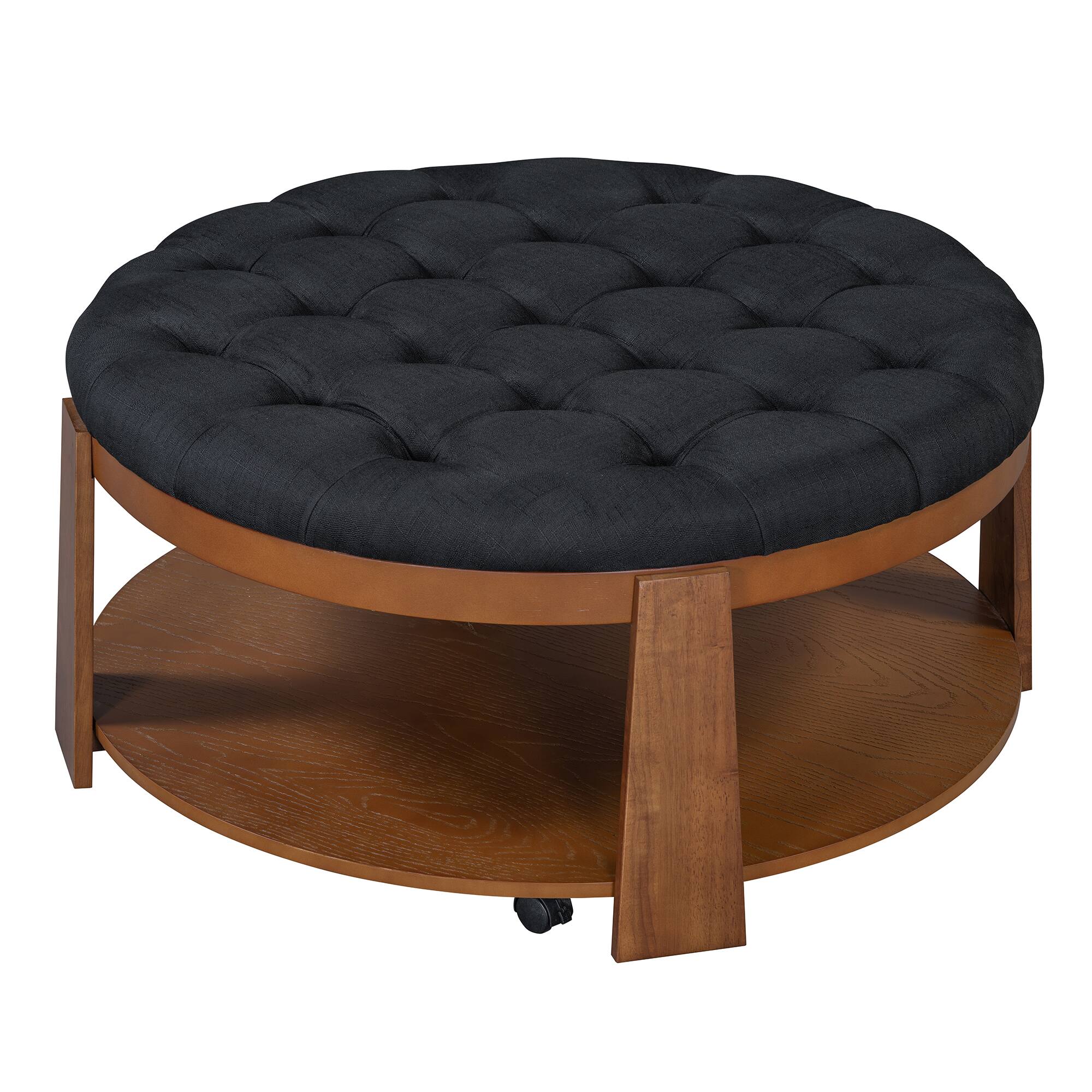 Alt View 2. Bestier - Modern Oversized Round Ottoman Coffee Table 2 Tier Upholstered Tufted Ottoman with Wood Shelf and Storage Space - Black.