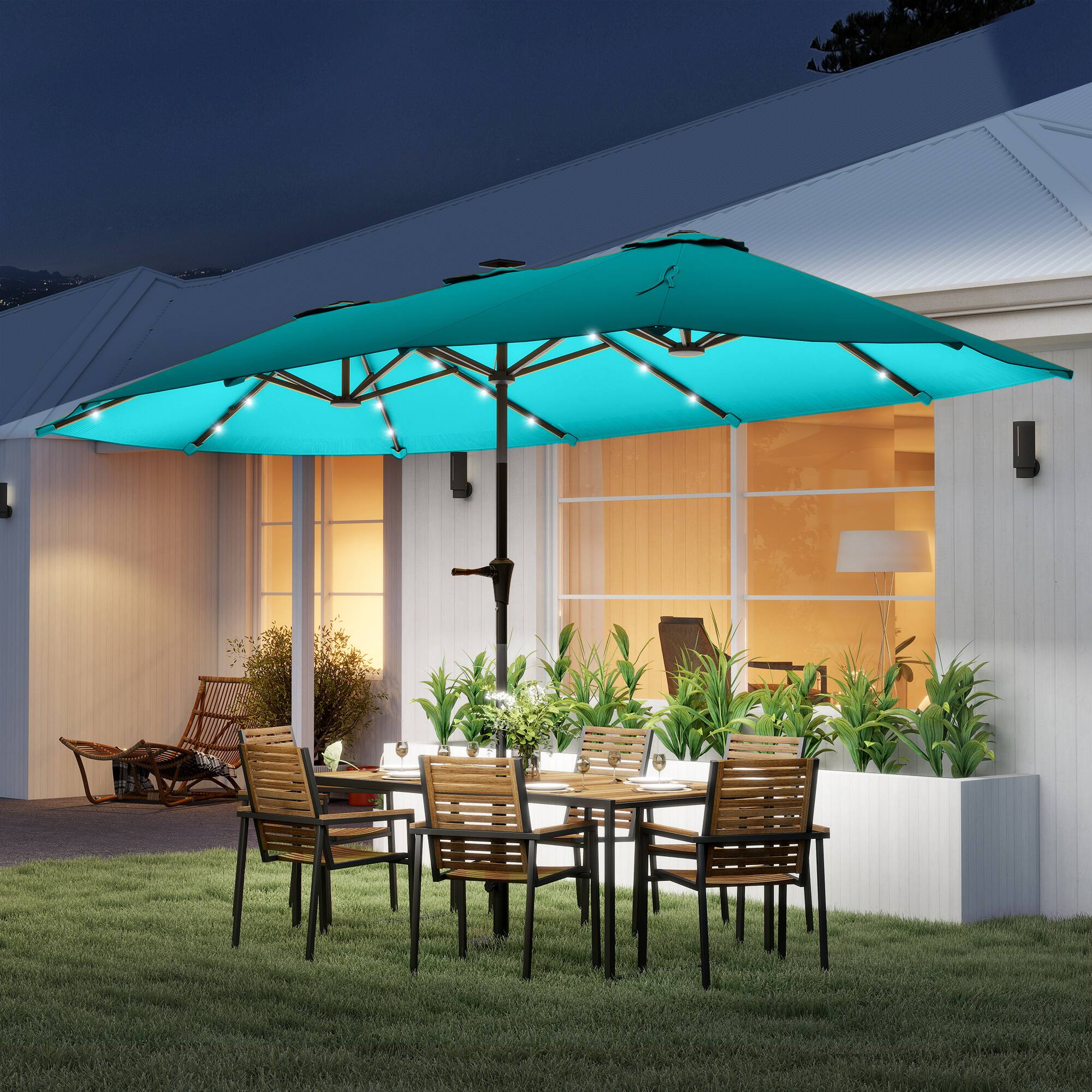 Alt View 1. Outsunny - Double-Sided Market Umbrella, Large Patio Umbrella with Solar Lights, Crank Handle for Garden, Pool - Blue.