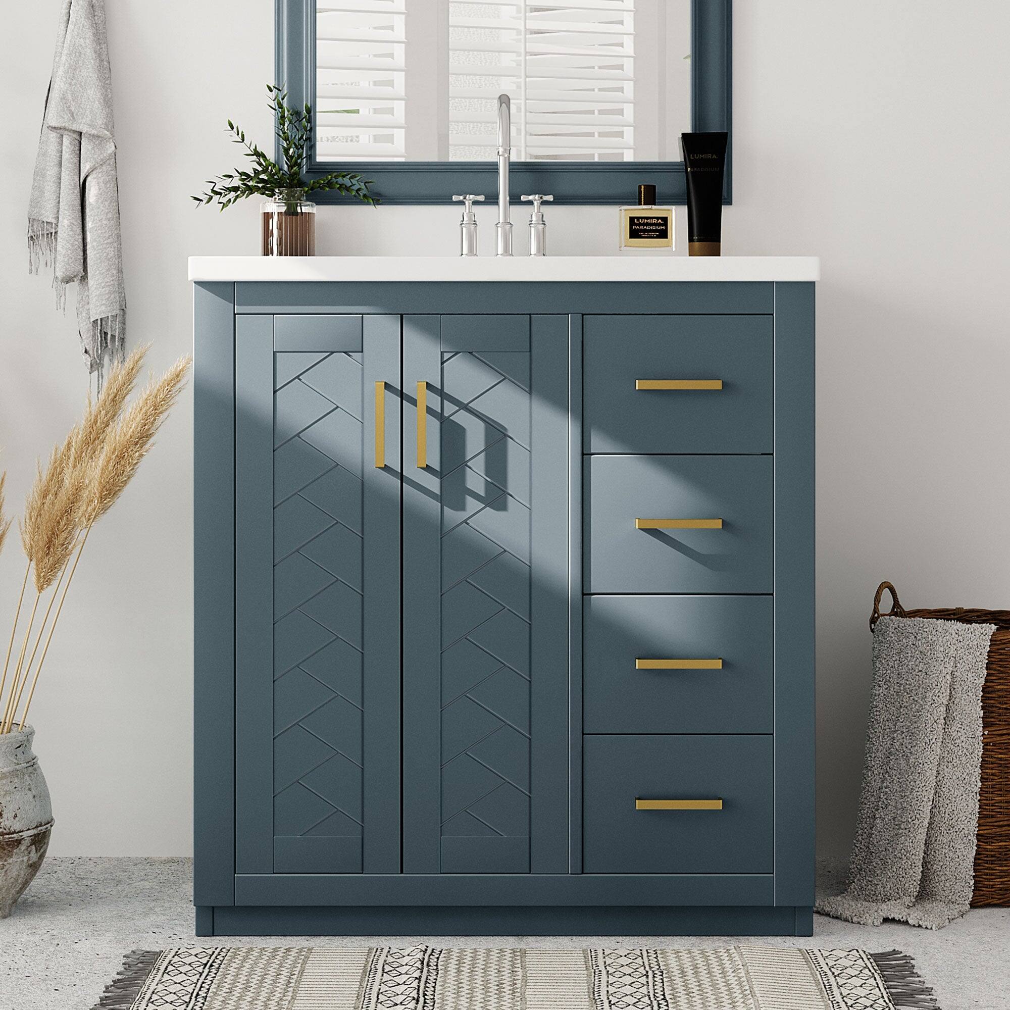 Alt View 1. Boyel Living - 30 Inch Bathroom Vanity Blue with Ceramic Sink Solid Wood Frame 3 Drawers - Blue.