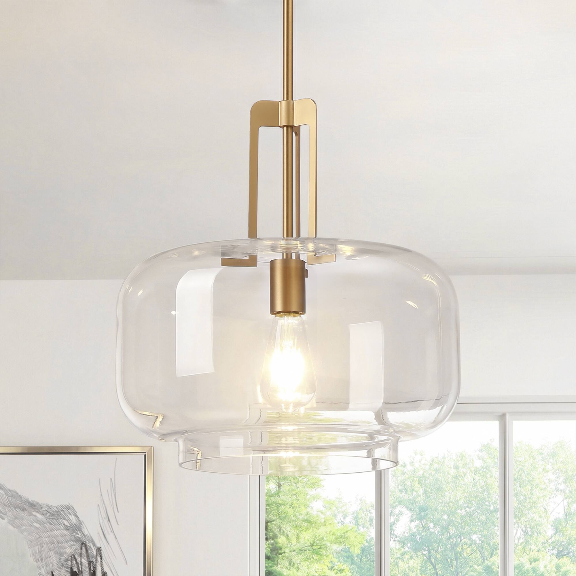 Front. Parrot Uncle - 15" Modern Round Clear Glass Shade Pendant Light 1-Light Adjustable Hanging Light - Clear.