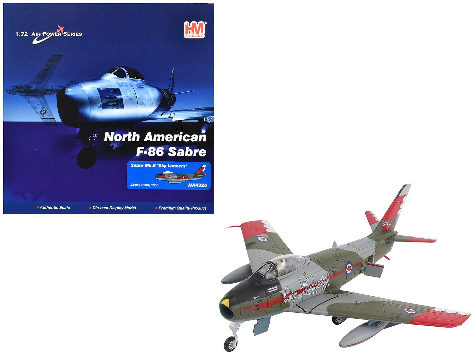 1:72 Air Power Series  
HM  
North American F-86 Sabre  
Sabre Mk.6 "Sky Lancers"  
23483, RCAR 1950  
HA4325  
Authentic Scale  
Die-cast Display Model  
Premium Quality Product
