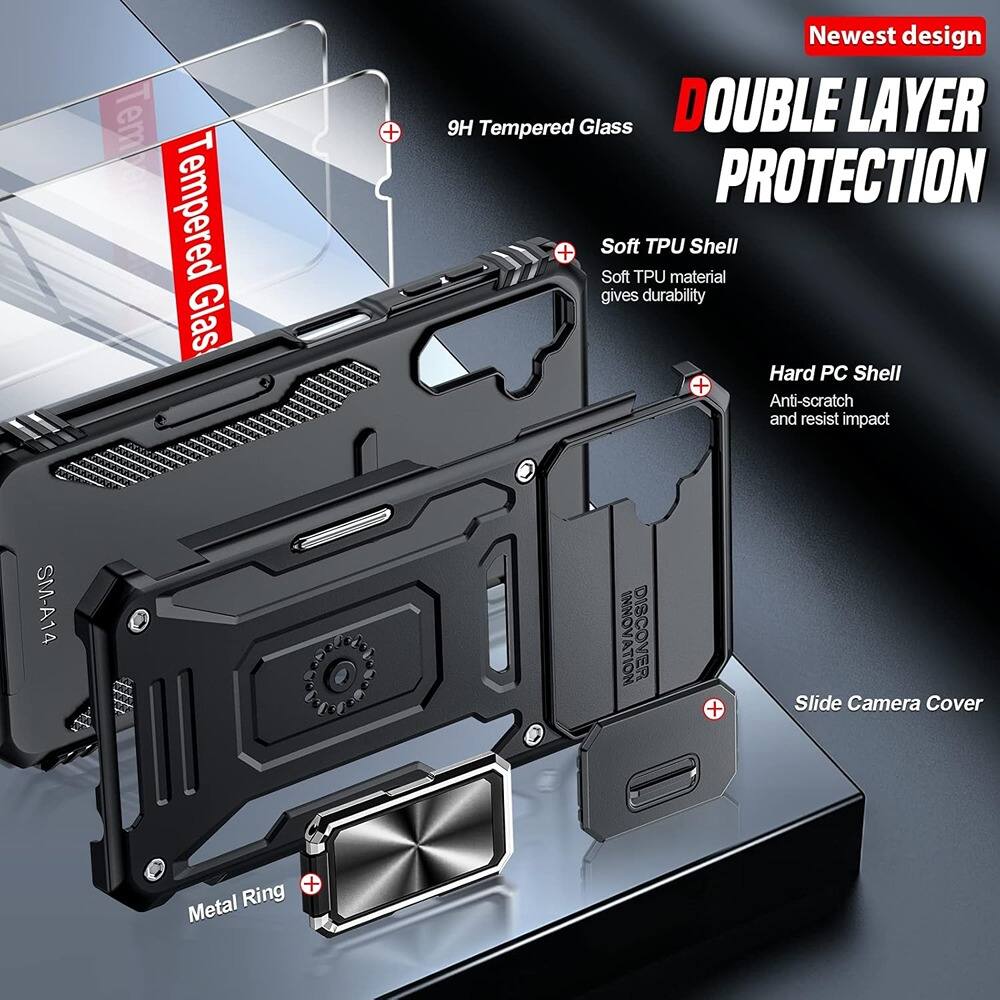 - Newest design
- DOUBLE LAYER PROTECTION
- 9H Tempered Glass
- Soft TPU Shell
  - Soft TPU material gives durability
- Hard PC Shell
  - Anti-scratch and resist impact
- Slide Camera Cover
- Metal Ring
- SM-A14
- INNOVATION DISCOVER