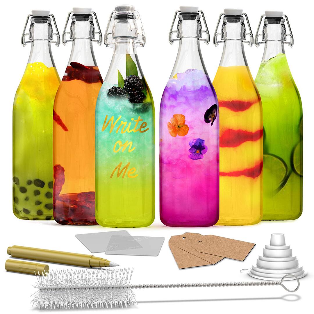 Nevlers - 33 Oz. Round Swing Top Glass Bottles with Bottle Brush, Funnel, Tags, Shrink Wrap and Glass Marker (Set of 6) - Clear