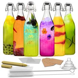 Nevlers - 33 Oz. Round Swing Top Glass Bottles with Bottle Brush, Funnel, Tags, Shrink Wrap and Glass Marker (Set of 6) - Clear