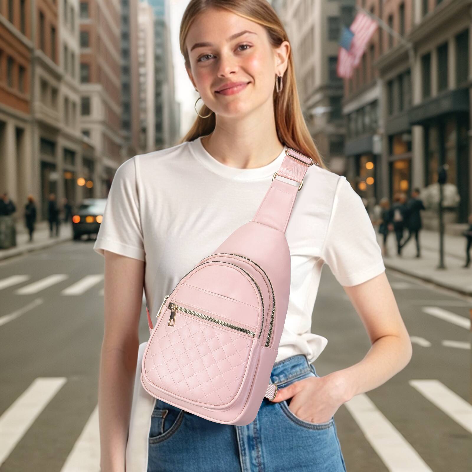 Alt View 1. Unique Bargains - Crossbody Bags for Women Men Leather Sling Bag Cross Body Backpack for Women Casual Chest Bag Daypack for Travel Hiking - Pink.