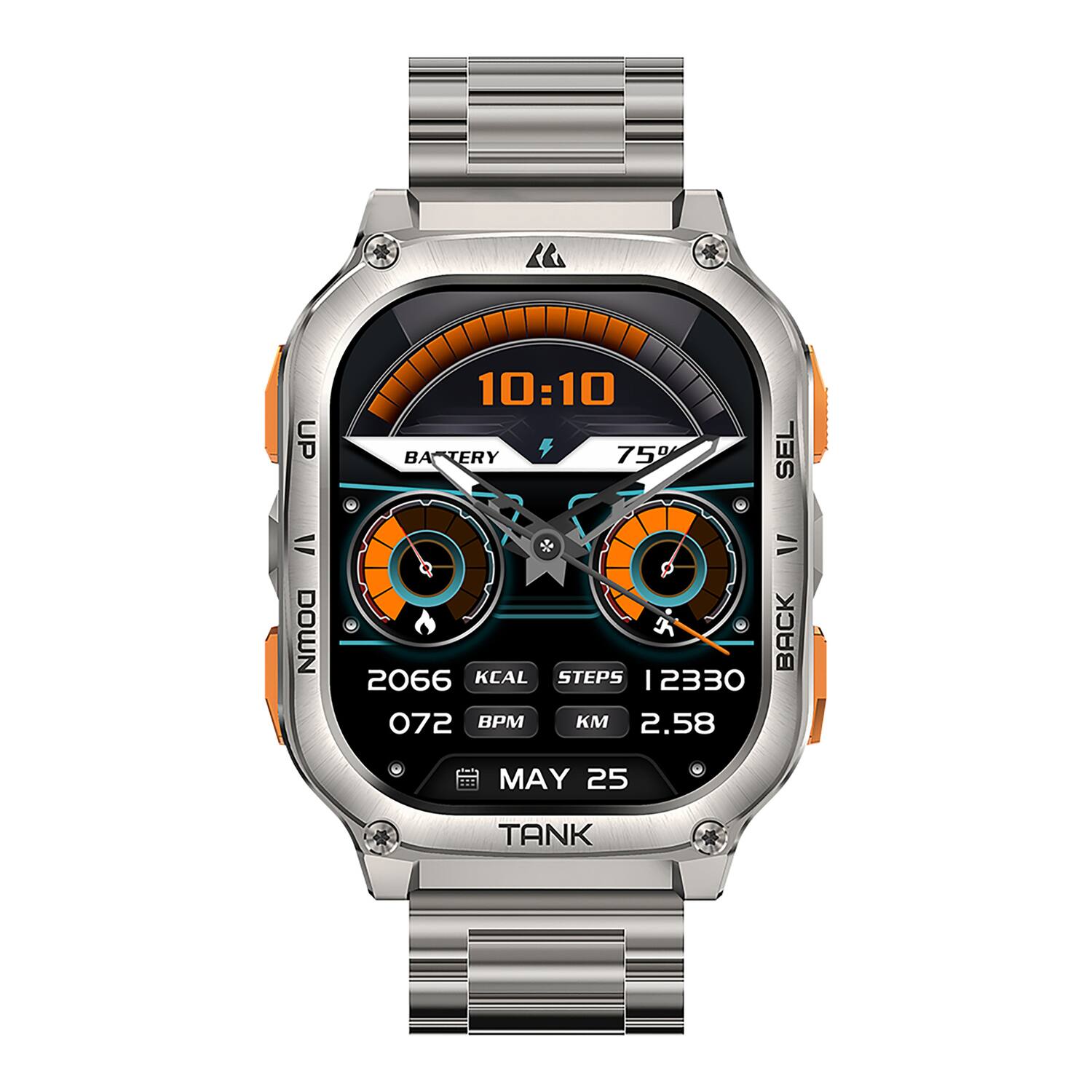 UP 10:10  
BATTERY 75%  
SEL = DOWN = K  
BACK 2066  
KEAL STEPS 12330  
072 BPM  
2.58 KM  
MAY 25  
TANK