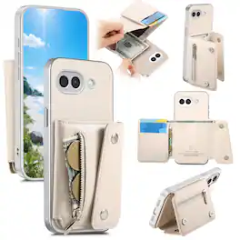 Dteck - PU Leather Wallet Case for Google Pixel 10a, Shockproof Kickstand Phone Cover with Card Slots and Zipper Pocket - Beige