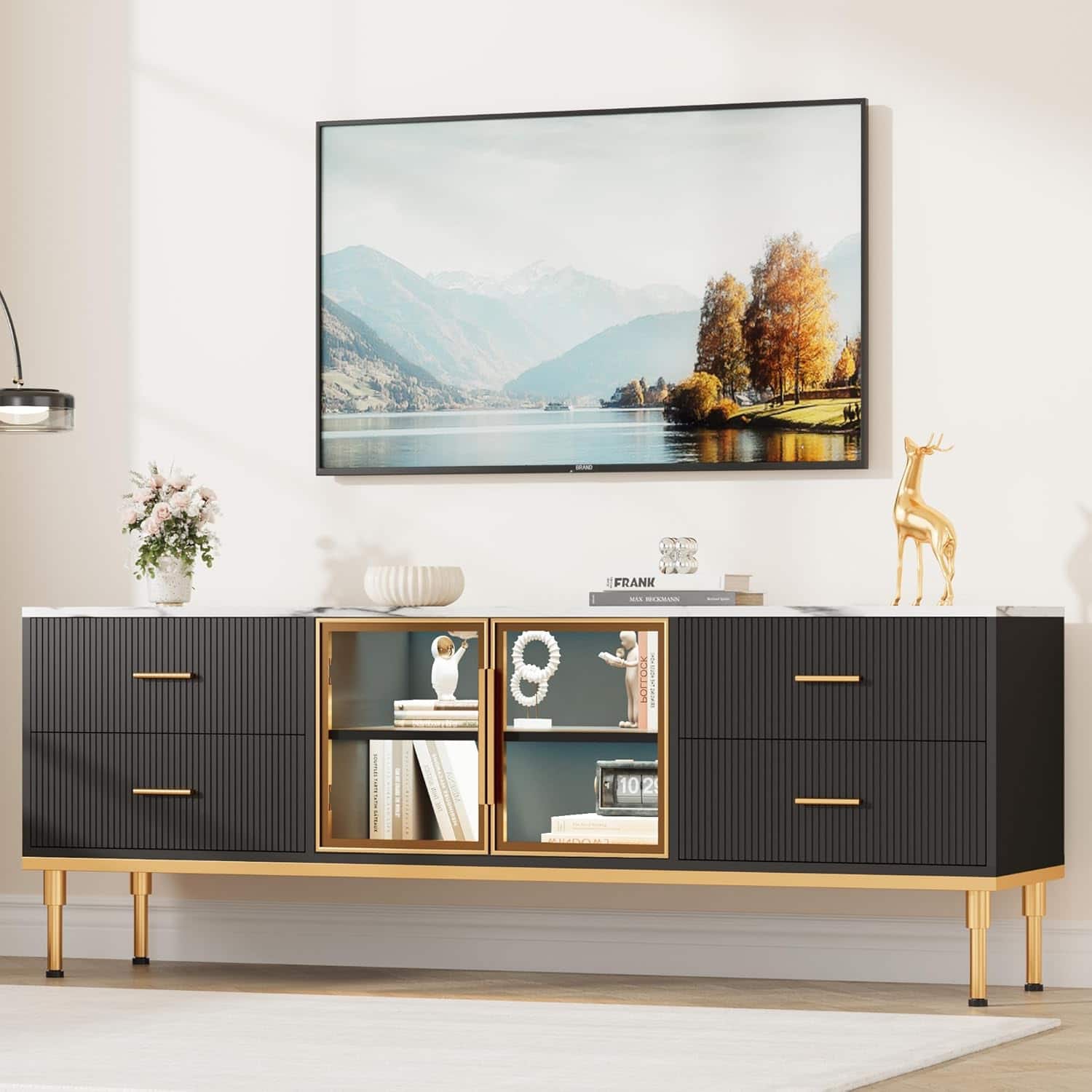 Homhougo- Fluted TV Stand for TVs Up to 75 Inch, Entertainment Center with LED Lights, TV Table with Storage Drawers and Glass- Black