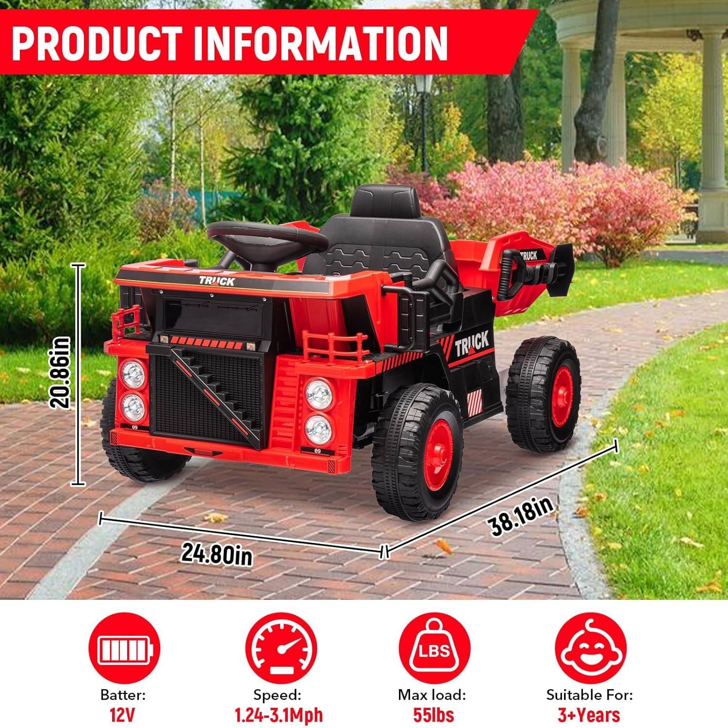 PRODUCT INFORMATION

- Height: 20.86in
- Width: 24.80in
- Length: 38.18in

- Battery: 12V
- Speed: 1.24-3.1Mph
- Max load: 55lbs
- Suitable For: 3+Years