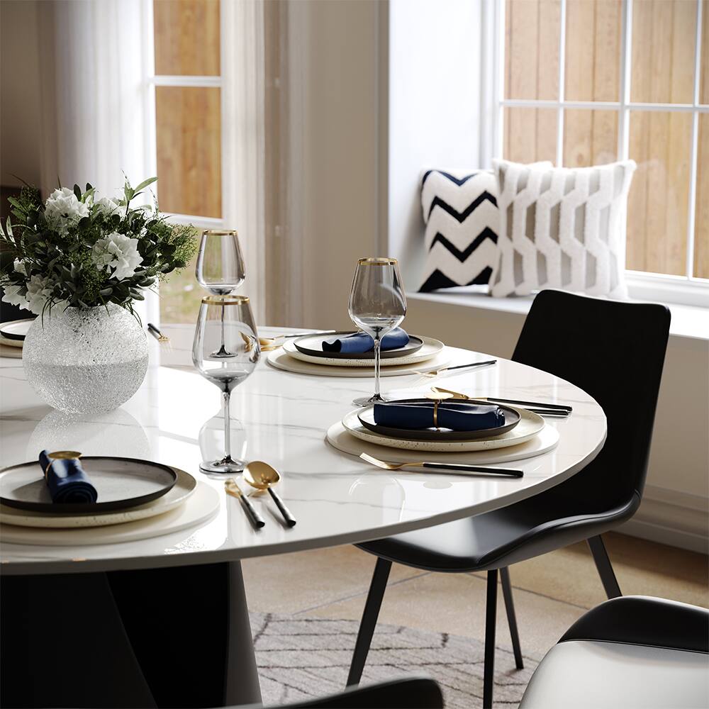 Alt View 6. POVISON - 59" Modern Round White Dining Table for 6, Glossy Sintered Stone Tabletop, Solid Black Carbon Steel Pedestal Base - Glossy White Sintered Stone & Black Steel Base.