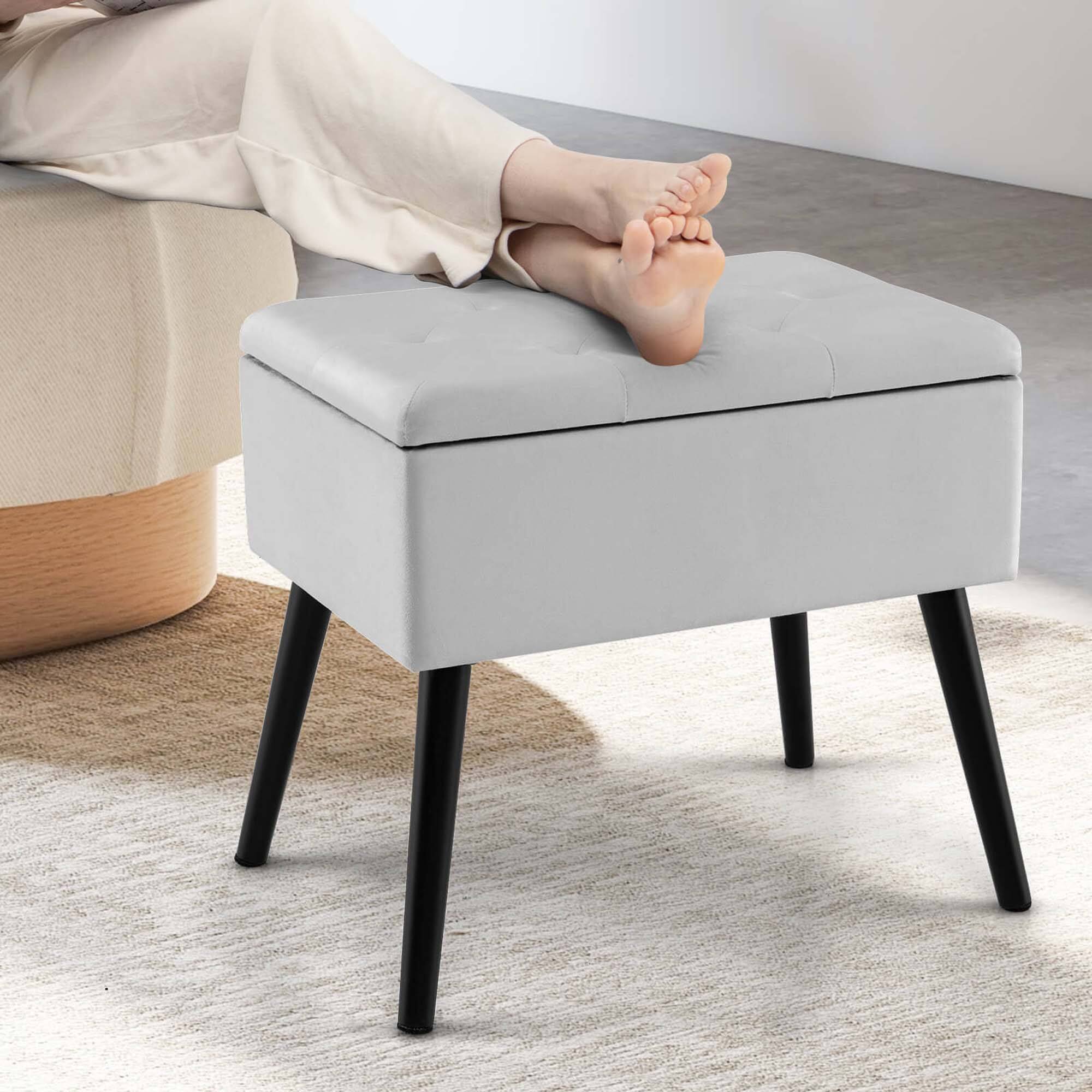 Alt View 4. Costway - Costway 2 PCS Velvet Vanity Stool Ottoman with Storage Solid Wood Legs Flip-Up Top Gray - Gray.
