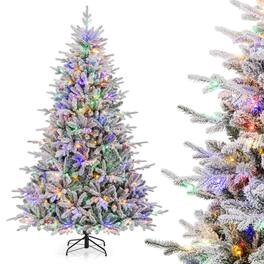 Costway - 7 FT Flocked Christmas Tree with 8 Lighting Modes 350 Multi-Color LED Lights - Green/White