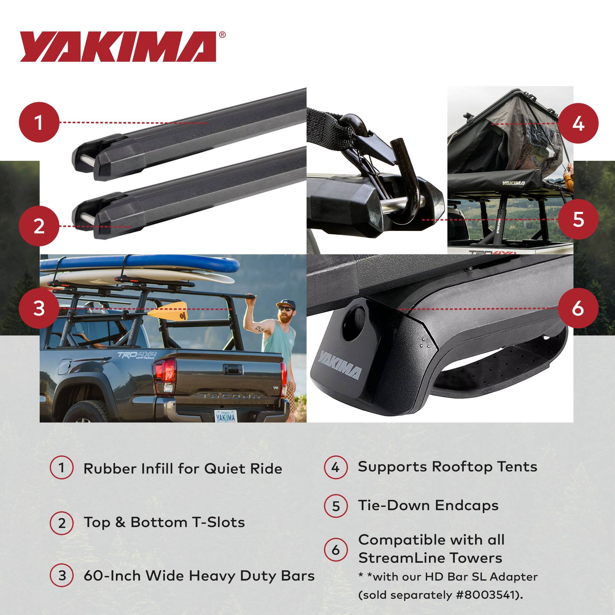 YAKIMA

1. Rubber Infill for Quiet Ride
2. Top & Bottom T-Slots
3. 60-Inch Wide Heavy Duty Bars
4. Supports Rooftop Tents
5. Tie-Down Endcaps
6. Compatible with all StreamLine Towers *with our HD Bar SL Adapter (sold separately #8003541).