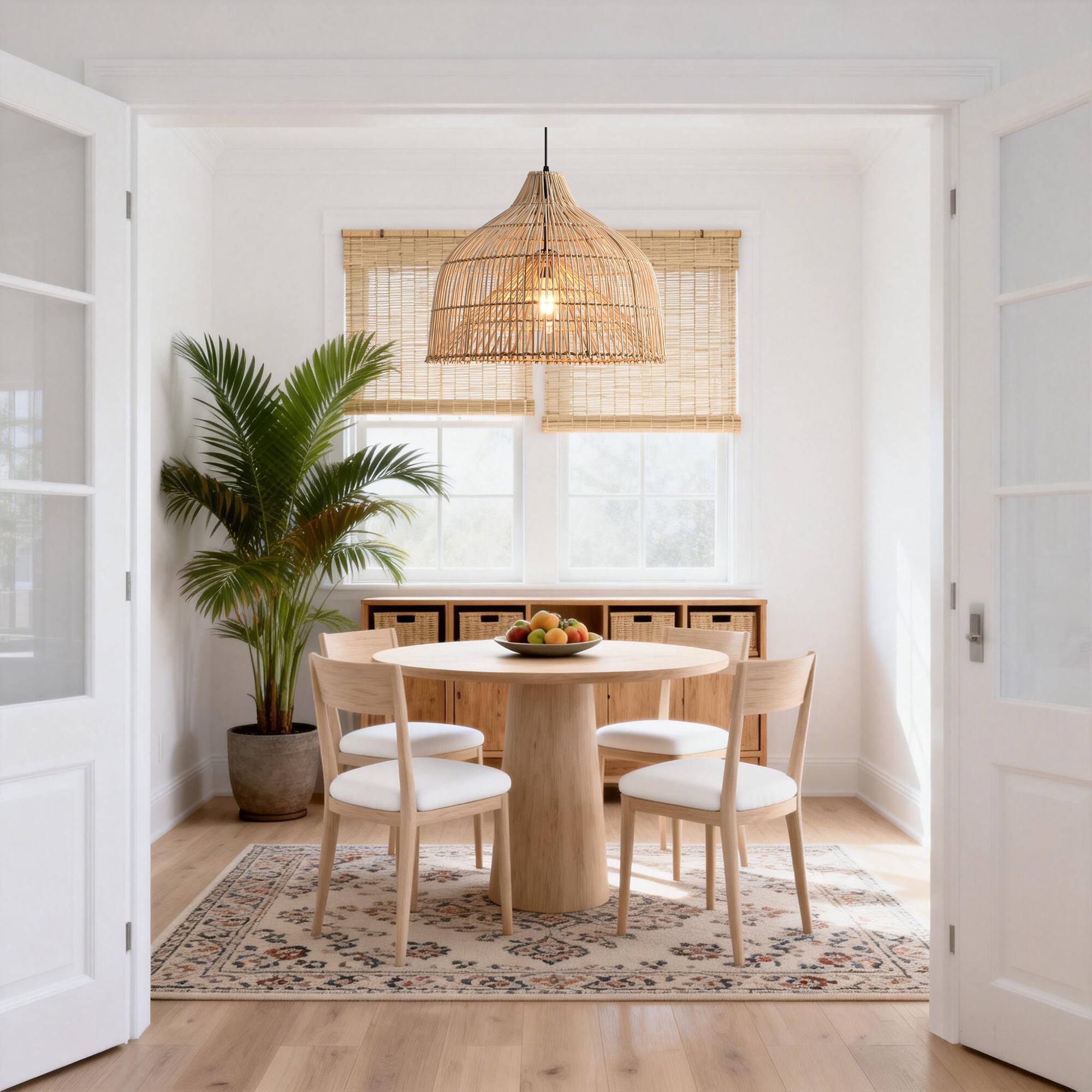 Left. Parrot Uncle - 1-Light Boho Brown Rattan Hand-Woven Cloche Hanging Basket Pendant Light - Brown.