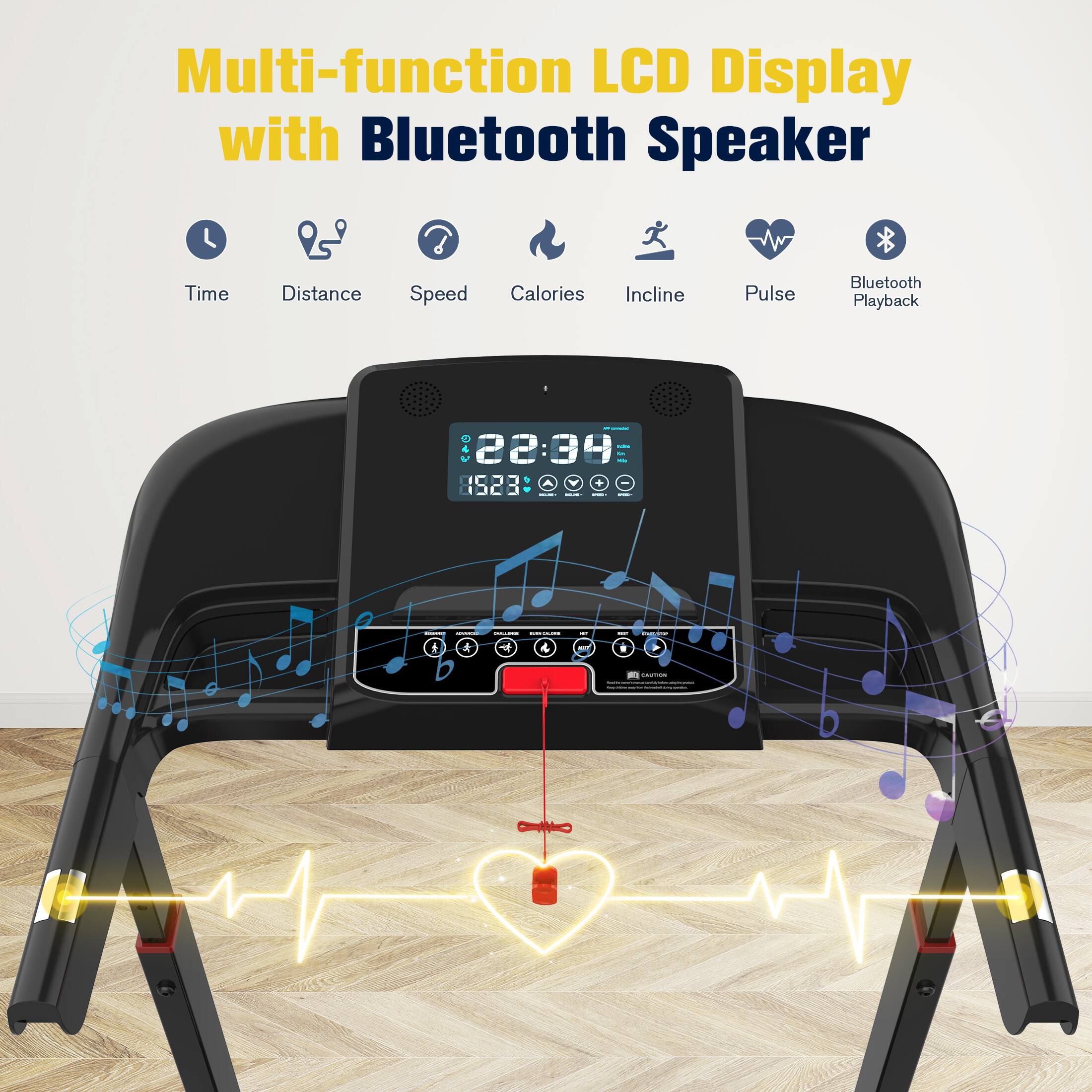 Multi-function LCD Display with Bluetooth Speaker | Time Distance Speed Calories Incline Pulse Bluetooth Playback | 22:34 - 1523