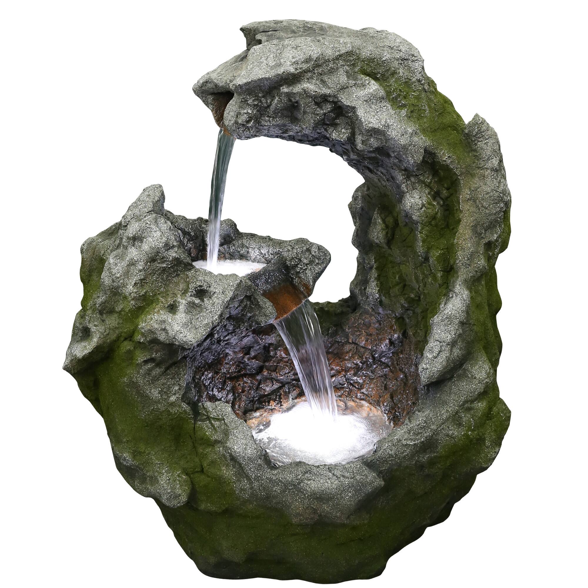 Front. Northlight - 32" Lighted Rock Waterfall Outdoor Garden Water Fountain - Gray.