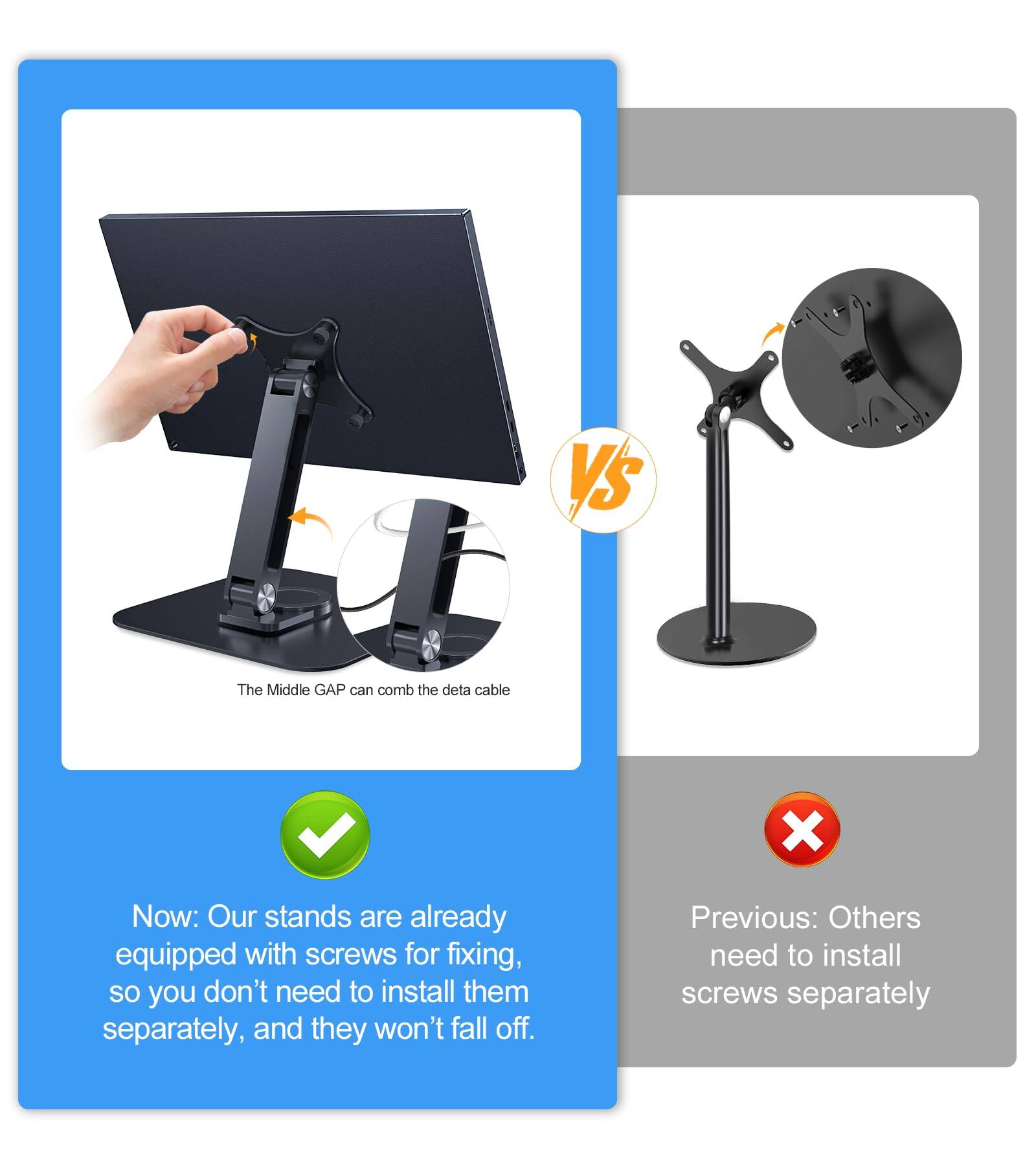 **VS**

**The Middle GAP can comb the delta cable**

**Now:** Our stands are already equipped with screws for fixing, so you don't need to install them separately, and they won't fall off.

**Previous:** Others need to install screws separately.
