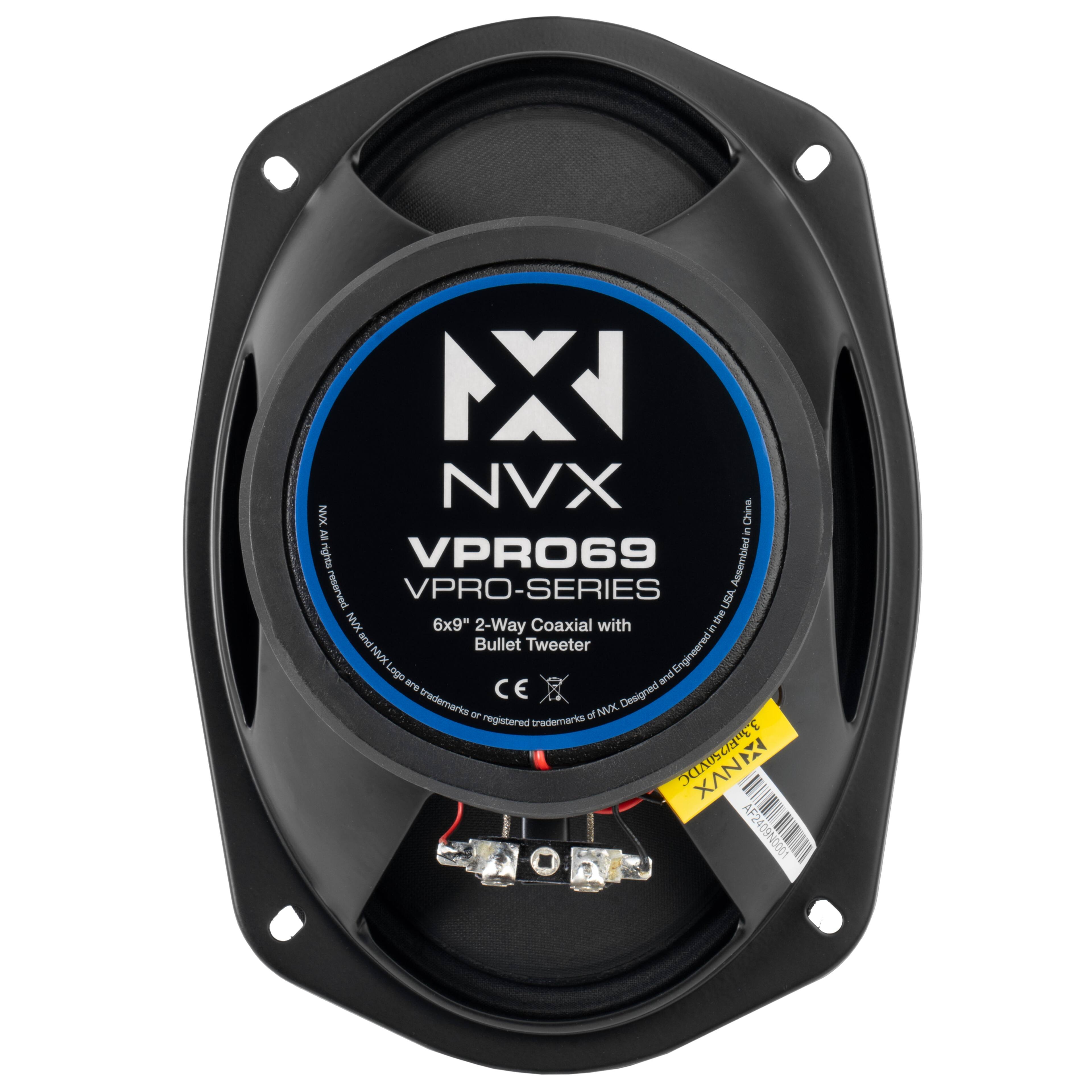 NX NVX China. All rights reserved. VPRO69 Assembled. VPRO-SERIES 6x9" Coaxial with 2-Way C Bullet Tweeter. NVX Logo and Engineered. CE trademarks. NVX Designed. OF registered trademarks. 3,3mB/2250VDC F2409N0001