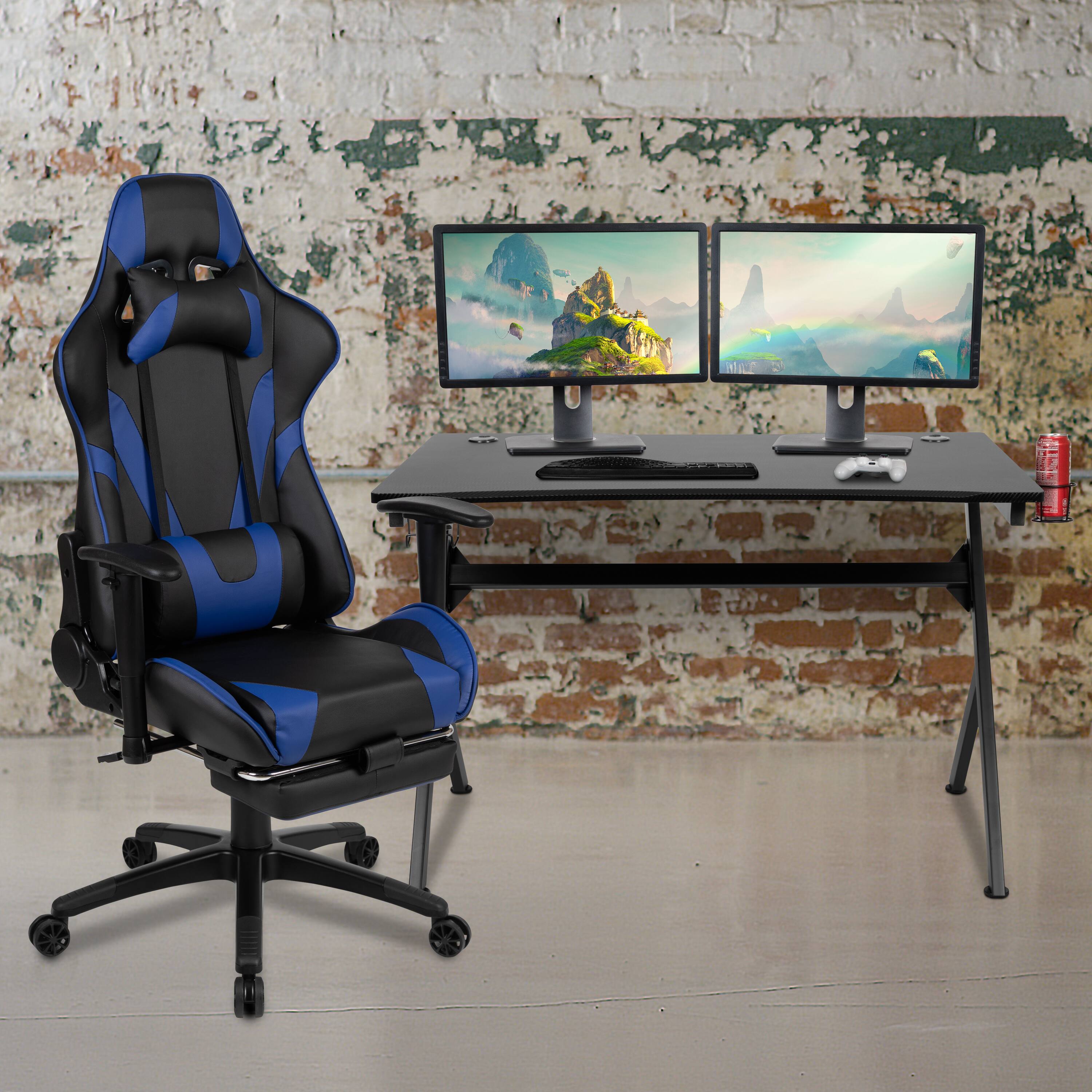 Alt View 1. Emma + Oliver - Gaming Desk Set - Cup/Headset Holder/Reclining & Footrest - Blue.