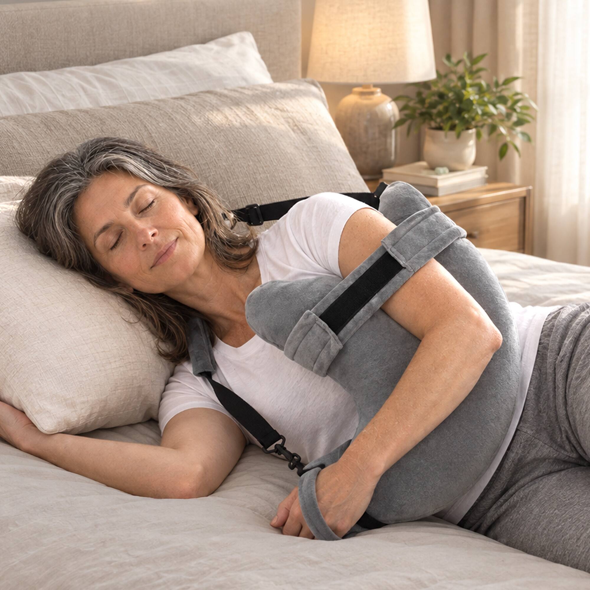Left. Cheer Collection - Shoulder & Arm Support Pillow with Sling, Adjustable Fill, Multi-Strap Design, 24 x 16 in, Gray - Gray.