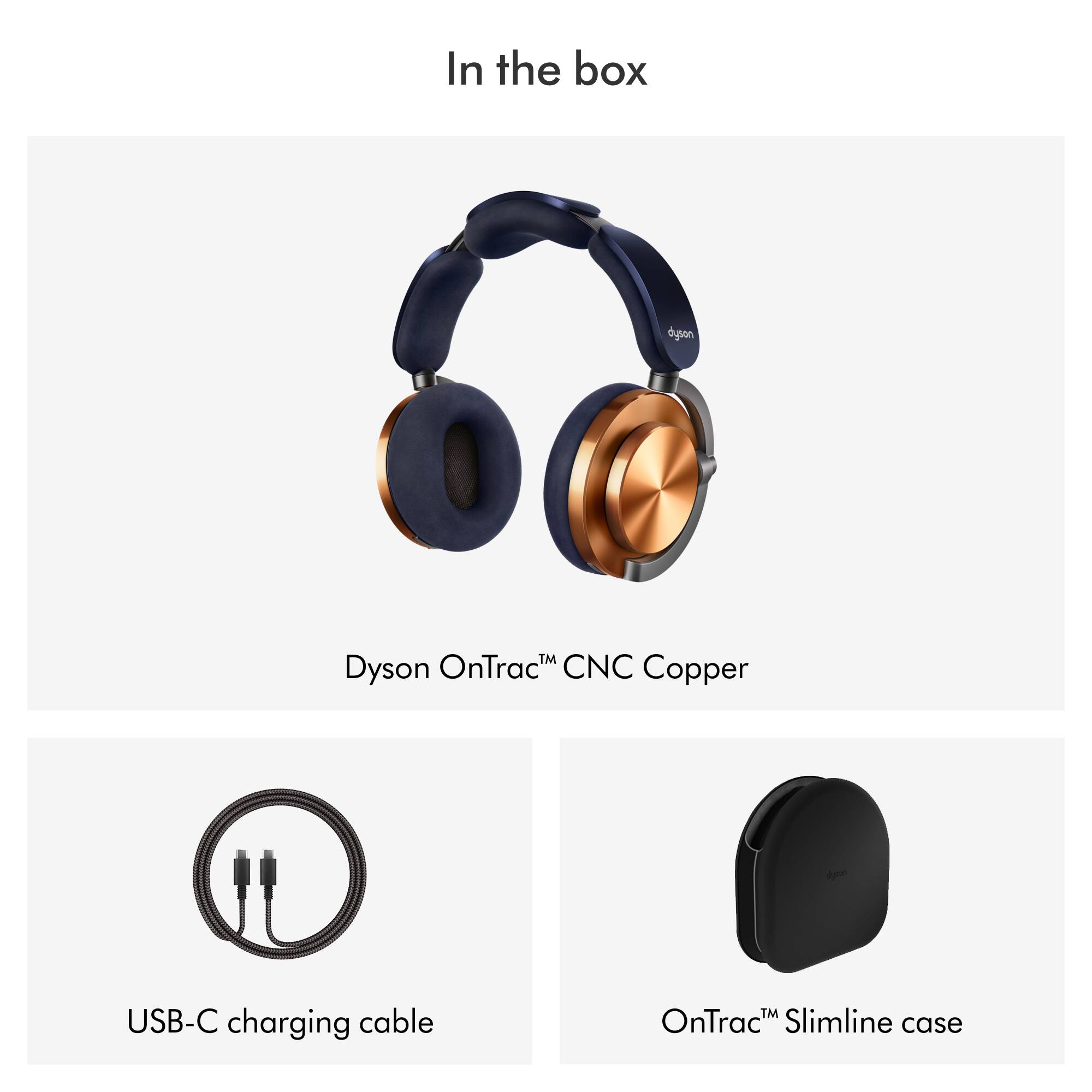In the box, you will find a Dyson OnTrac CNC Copper USB-C charging cable and an OnTrac Slimline case.