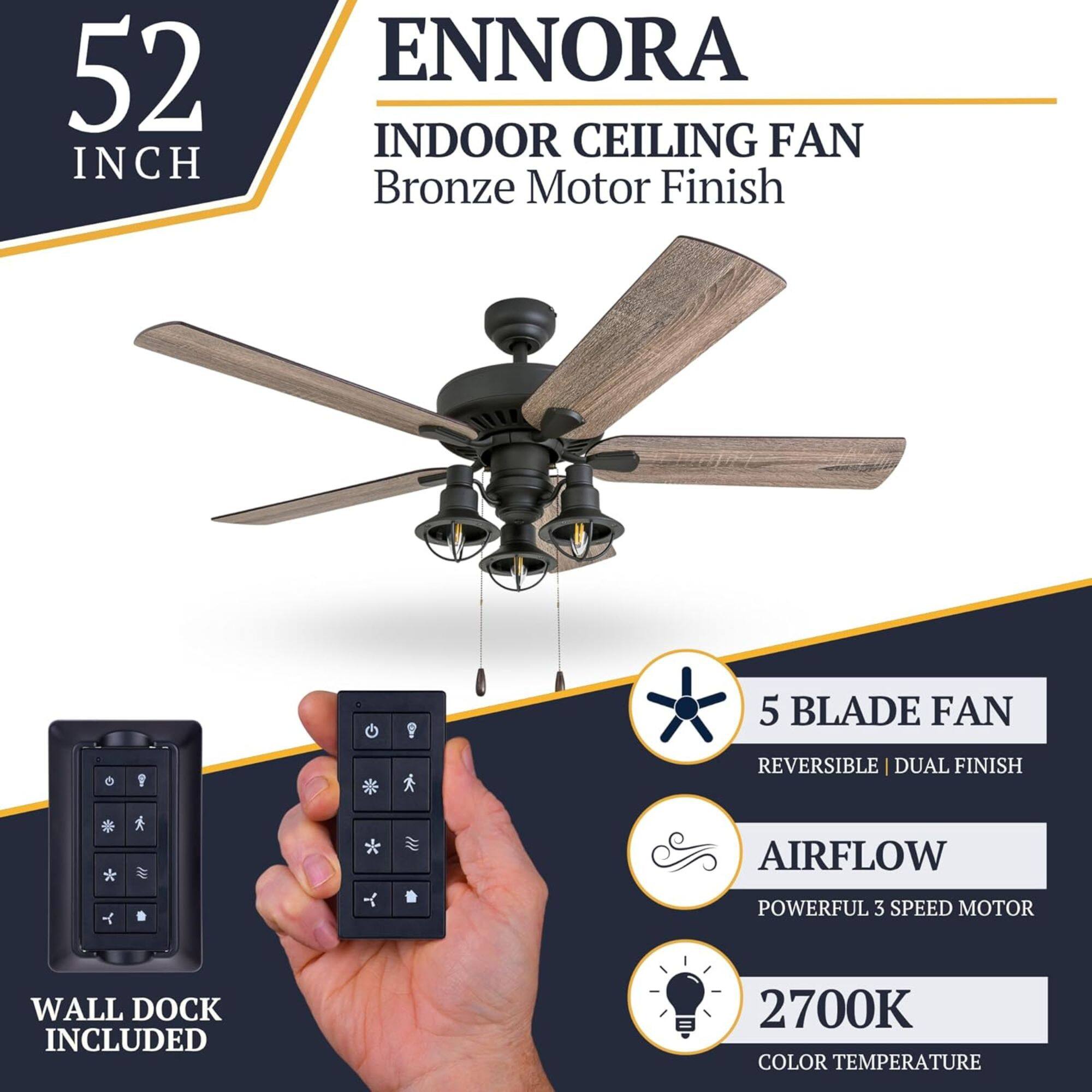 52 INCH ENNORA INDOOR CEILING FAN Bronze Motor Finish 5 BLADE FAN REVERSIBLE | DUAL FINISH AIRFLOW POWERFUL 3 SPEED MOTOR WALL DOCK INCLUDED 2700K COLOR TEMPERATURE